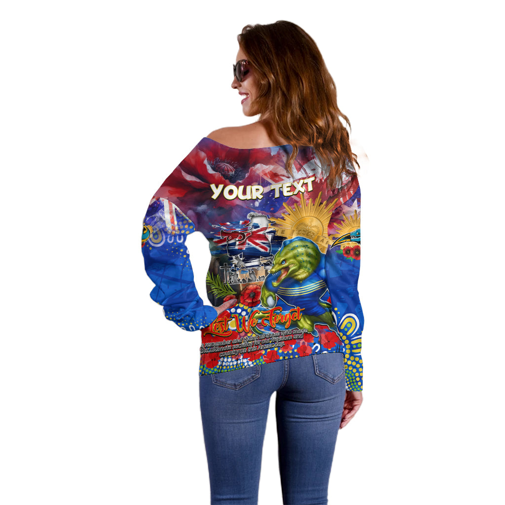 Personalised Australia Rugby Eels ANZAC Off Shoulder Sweater Parramatta Scratch Style - Vibe Hoodie Shop