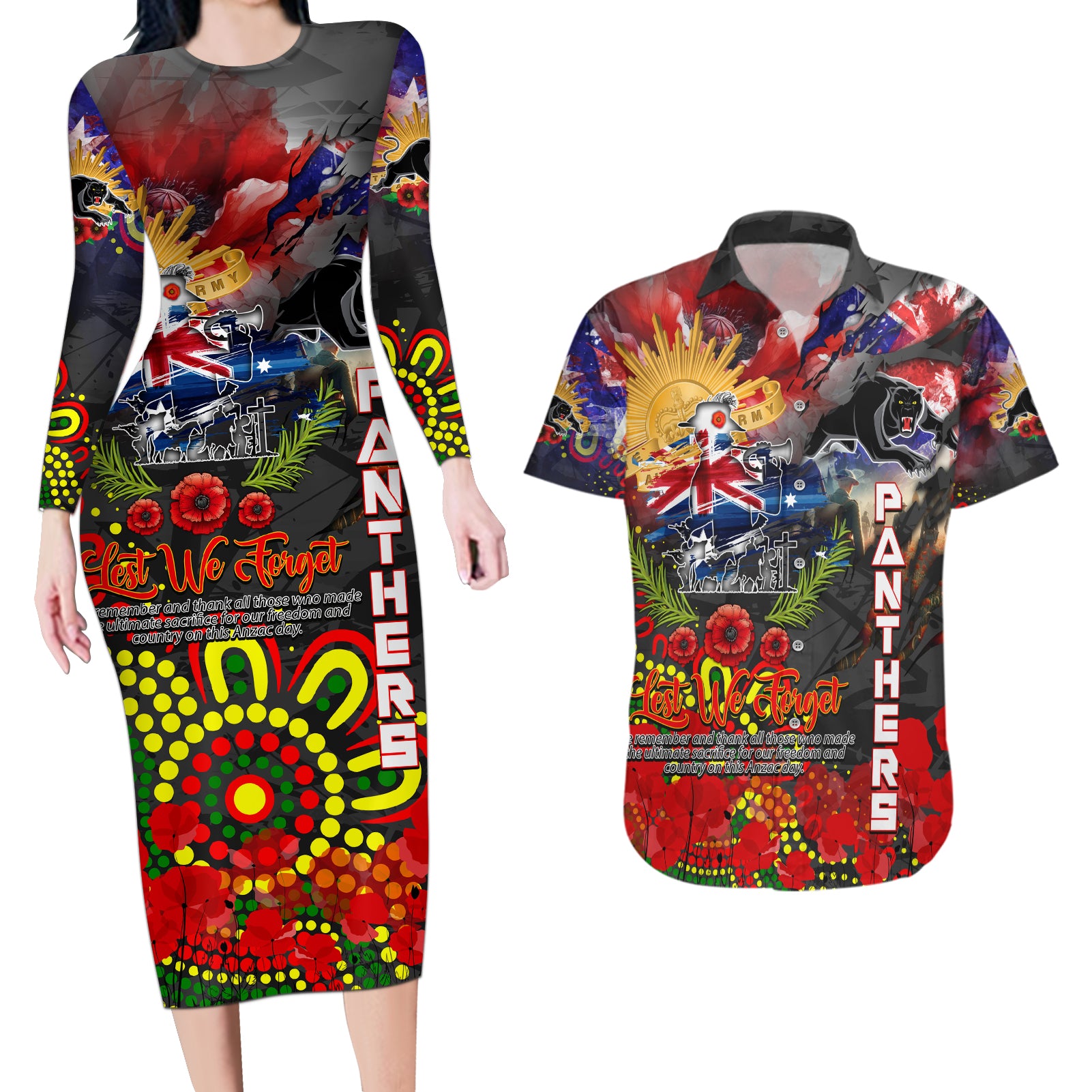 Personalised Australia Rugby Panthers ANZAC Couples Matching Long Sleeve Bodycon Dress and Hawaiian Shirt Penrith Scratch Style