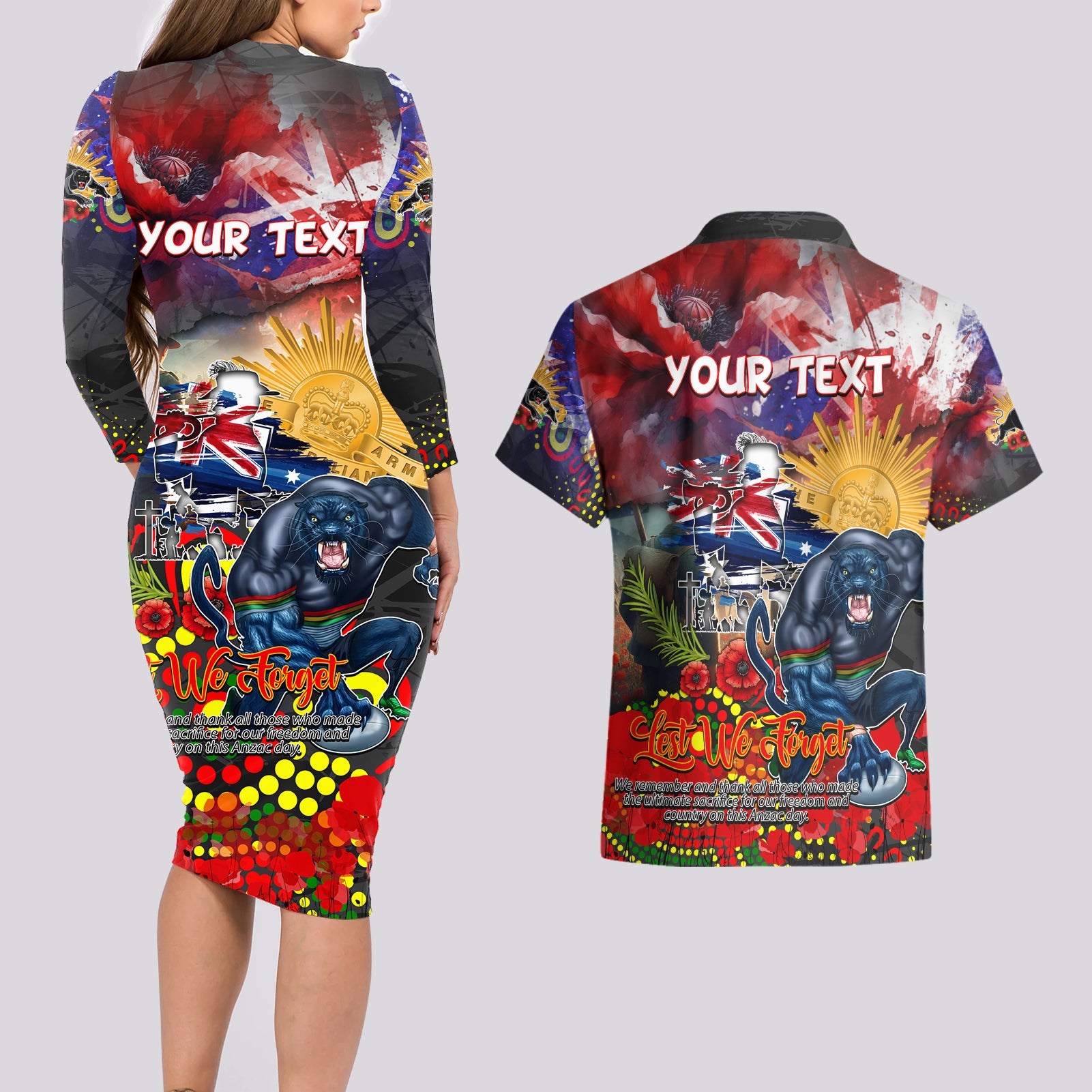 Personalised Australia Rugby Panthers ANZAC Couples Matching Long Sleeve Bodycon Dress and Hawaiian Shirt Penrith Scratch Style