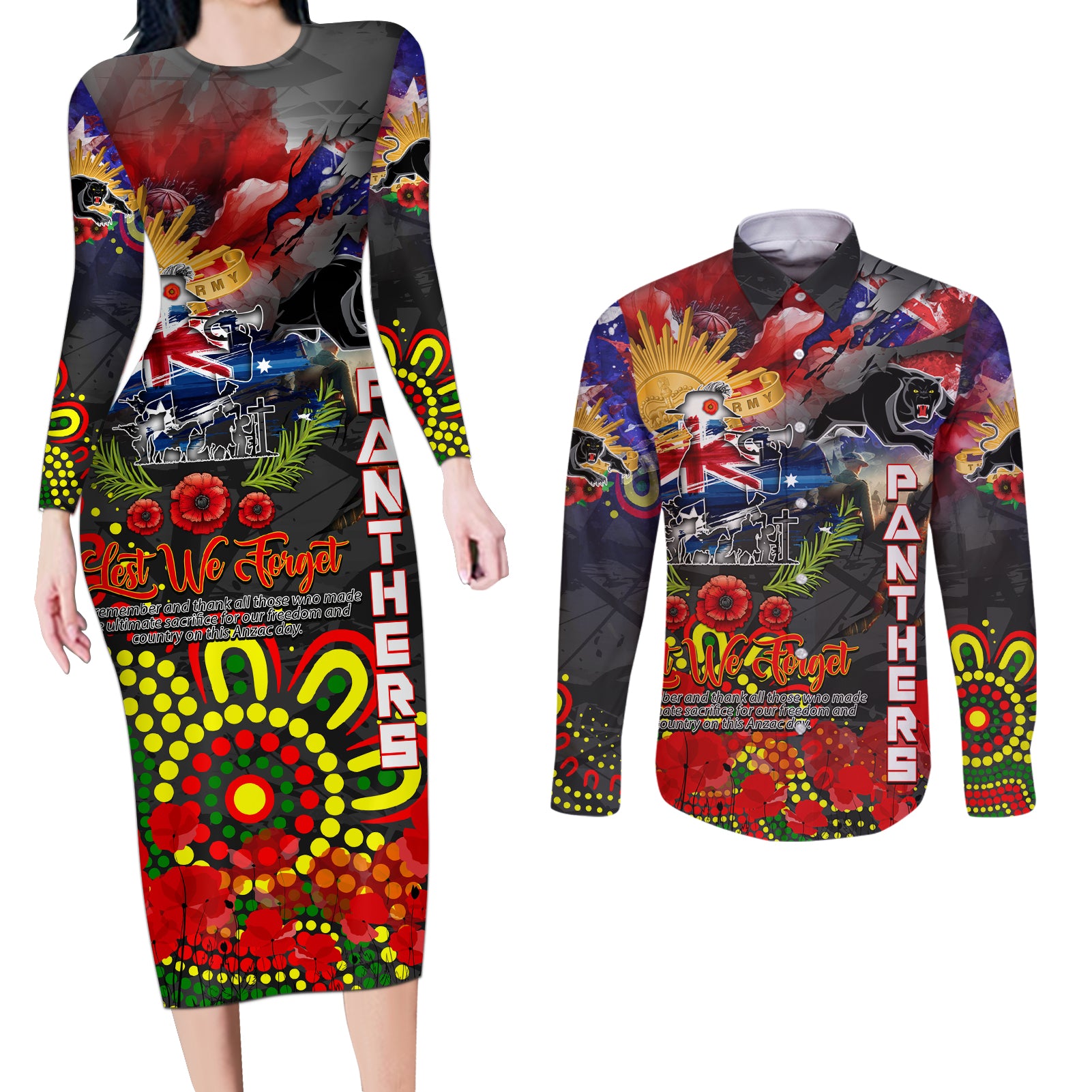Personalised Australia Rugby Panthers ANZAC Couples Matching Long Sleeve Bodycon Dress and Long Sleeve Button Shirt Penrith Scratch Style