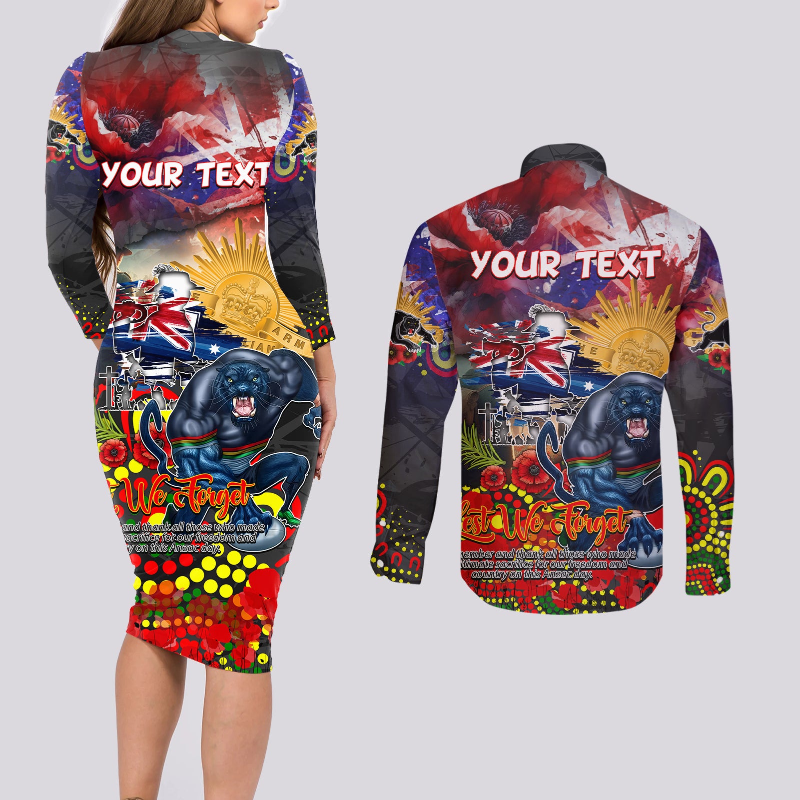 Personalised Australia Rugby Panthers ANZAC Couples Matching Long Sleeve Bodycon Dress and Long Sleeve Button Shirt Penrith Scratch Style