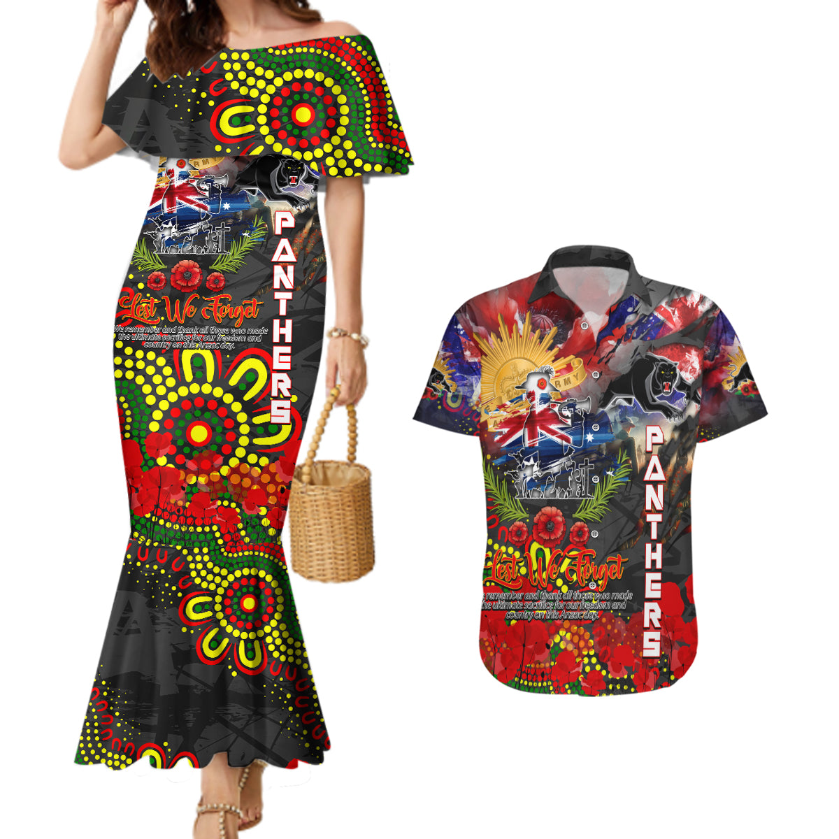Personalised Australia Rugby Panthers ANZAC Couples Matching Mermaid Dress and Hawaiian Shirt Penrith Scratch Style