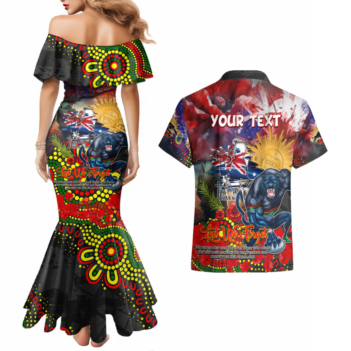 Personalised Australia Rugby Panthers ANZAC Couples Matching Mermaid Dress and Hawaiian Shirt Penrith Scratch Style