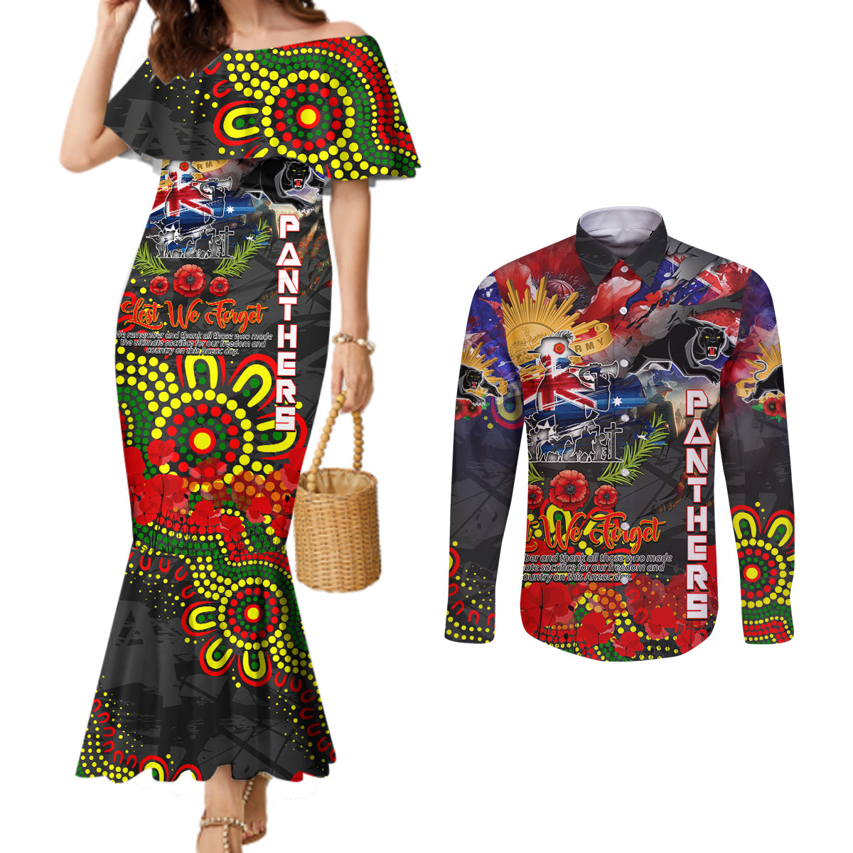 Personalised Australia Rugby Panthers ANZAC Couples Matching Mermaid Dress and Long Sleeve Button Shirt Penrith Scratch Style