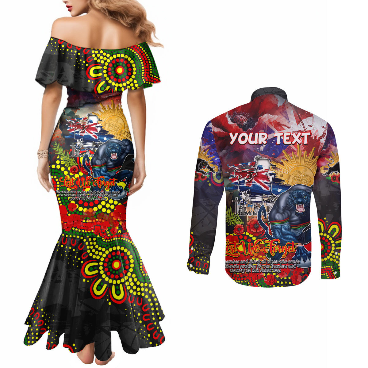 Personalised Australia Rugby Panthers ANZAC Couples Matching Mermaid Dress and Long Sleeve Button Shirt Penrith Scratch Style