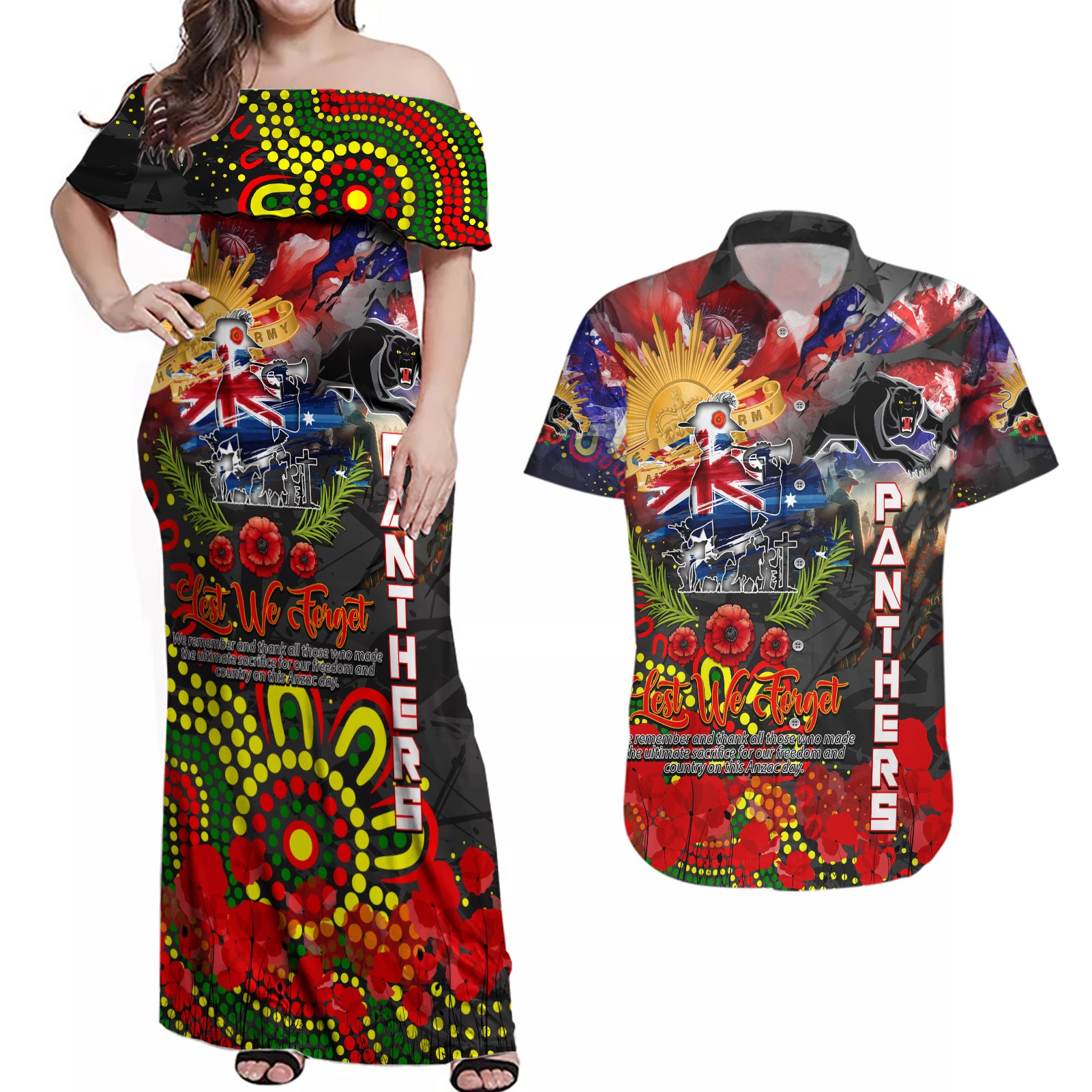 Personalised Australia Rugby Panthers ANZAC Couples Matching Off Shoulder Maxi Dress and Hawaiian Shirt Penrith Scratch Style