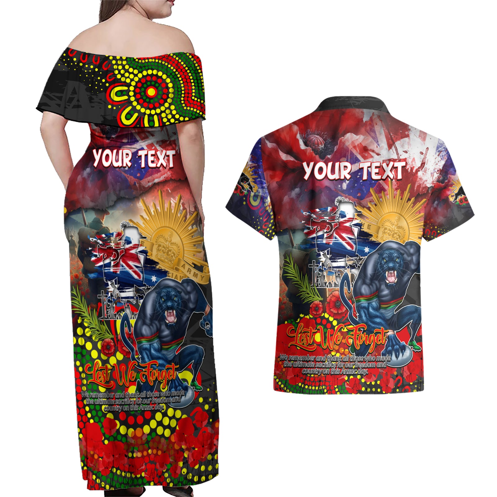 Personalised Australia Rugby Panthers ANZAC Couples Matching Off Shoulder Maxi Dress and Hawaiian Shirt Penrith Scratch Style