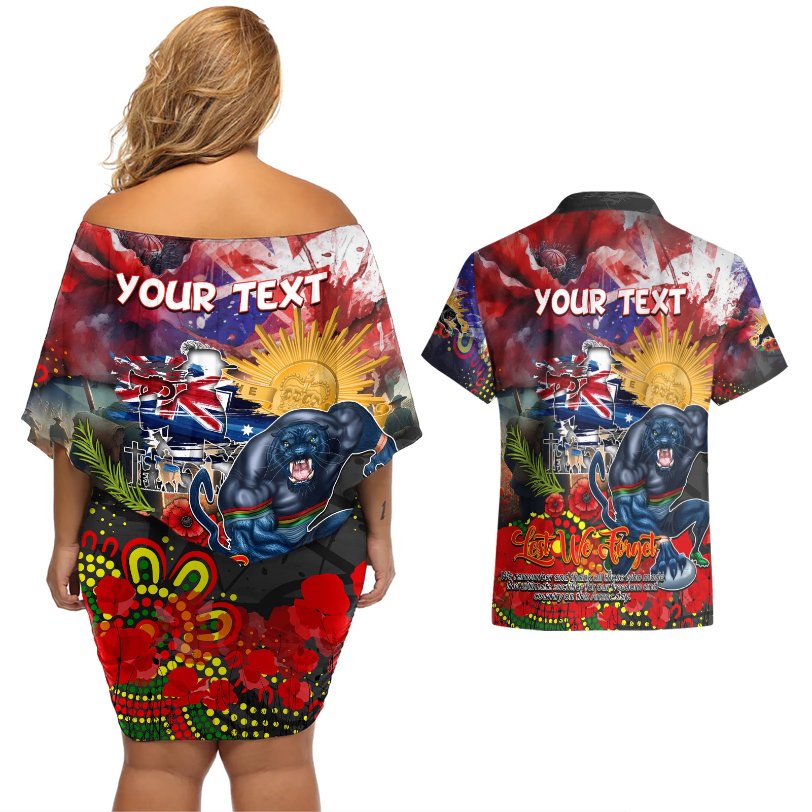 Personalised Australia Rugby Panthers ANZAC Couples Matching Off Shoulder Short Dress and Hawaiian Shirt Penrith Scratch Style