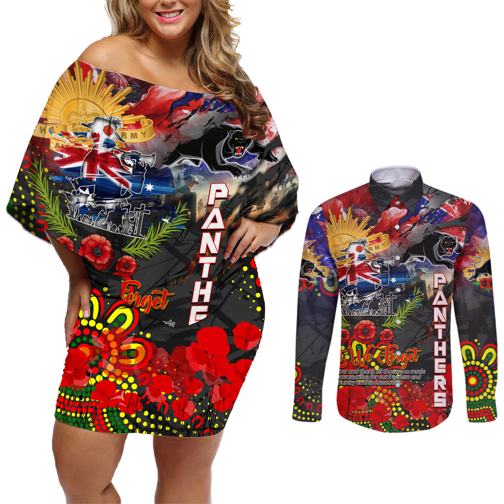 Personalised Australia Rugby Panthers ANZAC Couples Matching Off Shoulder Short Dress and Long Sleeve Button Shirt Penrith Scratch Style