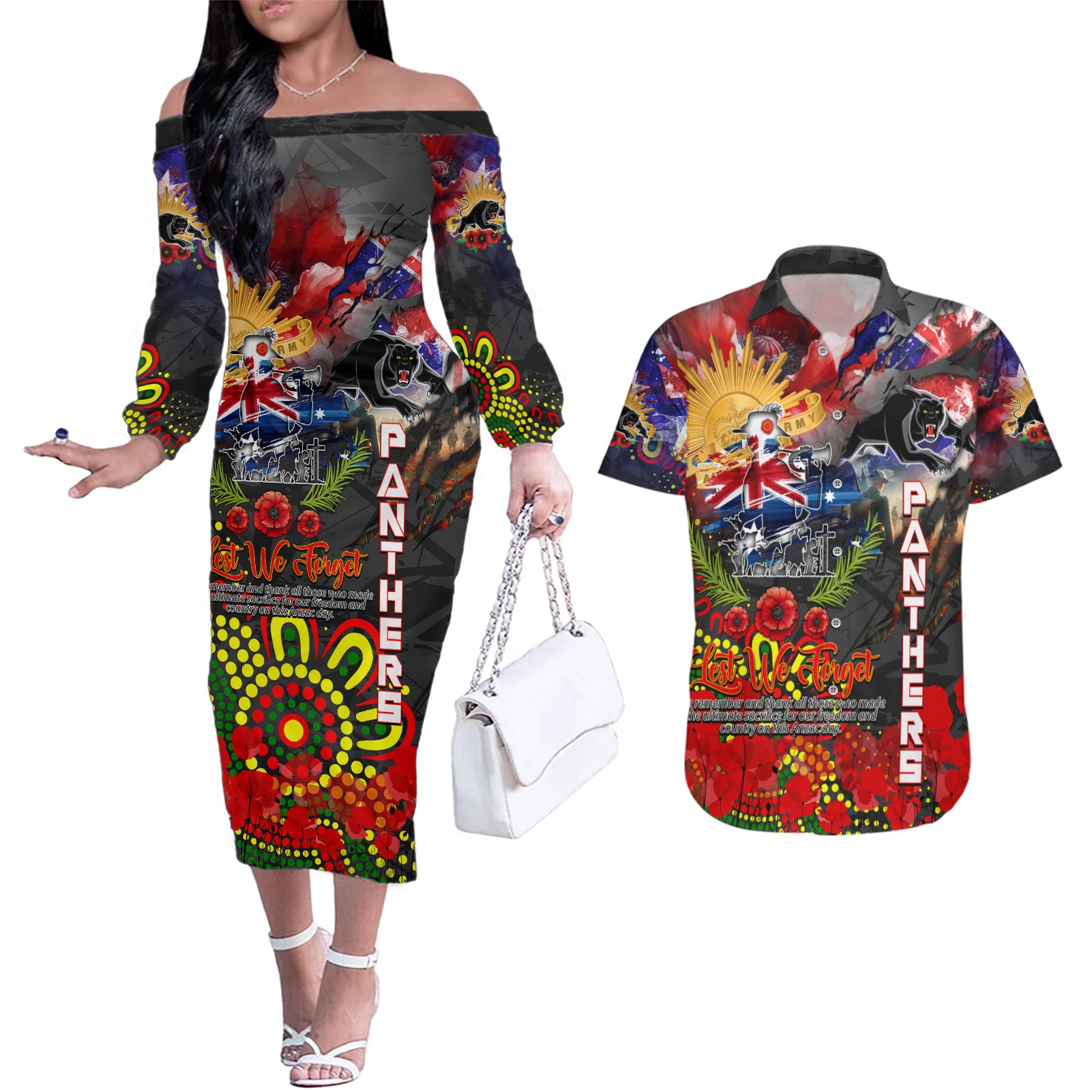 Personalised Australia Rugby Panthers ANZAC Couples Matching Off The Shoulder Long Sleeve Dress and Hawaiian Shirt Penrith Scratch Style