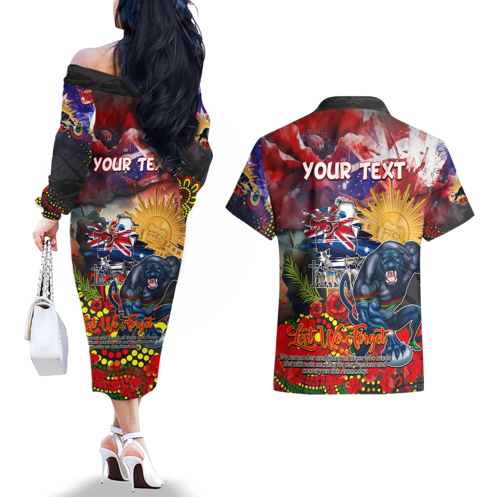 Personalised Australia Rugby Panthers ANZAC Couples Matching Off The Shoulder Long Sleeve Dress and Hawaiian Shirt Penrith Scratch Style
