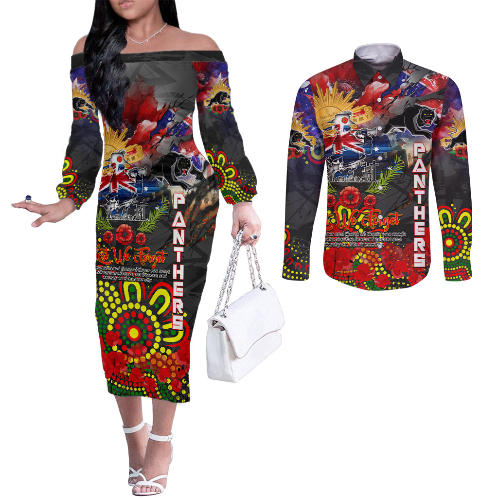 Personalised Australia Rugby Panthers ANZAC Couples Matching Off The Shoulder Long Sleeve Dress and Long Sleeve Button Shirt Penrith Scratch Style
