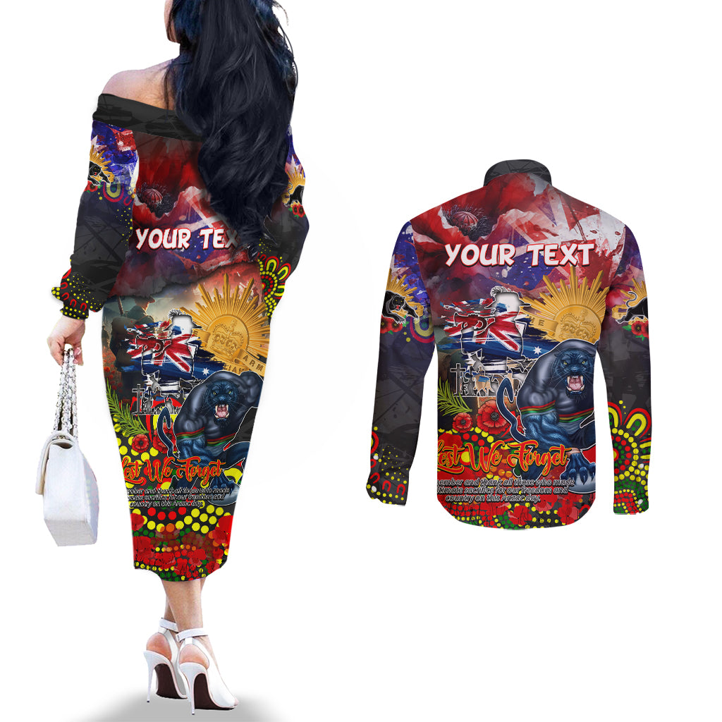 Personalised Australia Rugby Panthers ANZAC Couples Matching Off The Shoulder Long Sleeve Dress and Long Sleeve Button Shirt Penrith Scratch Style