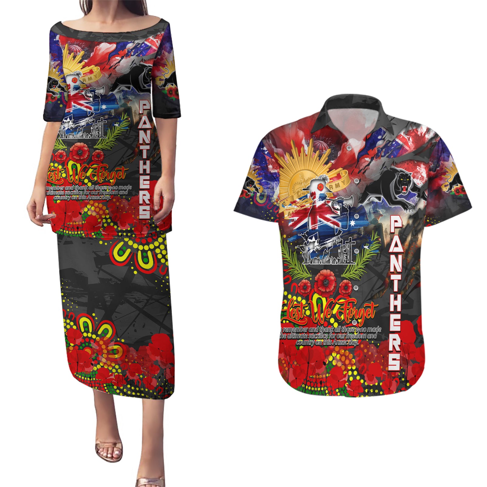 Personalised Australia Rugby Panthers ANZAC Couples Matching Puletasi and Hawaiian Shirt Penrith Scratch Style