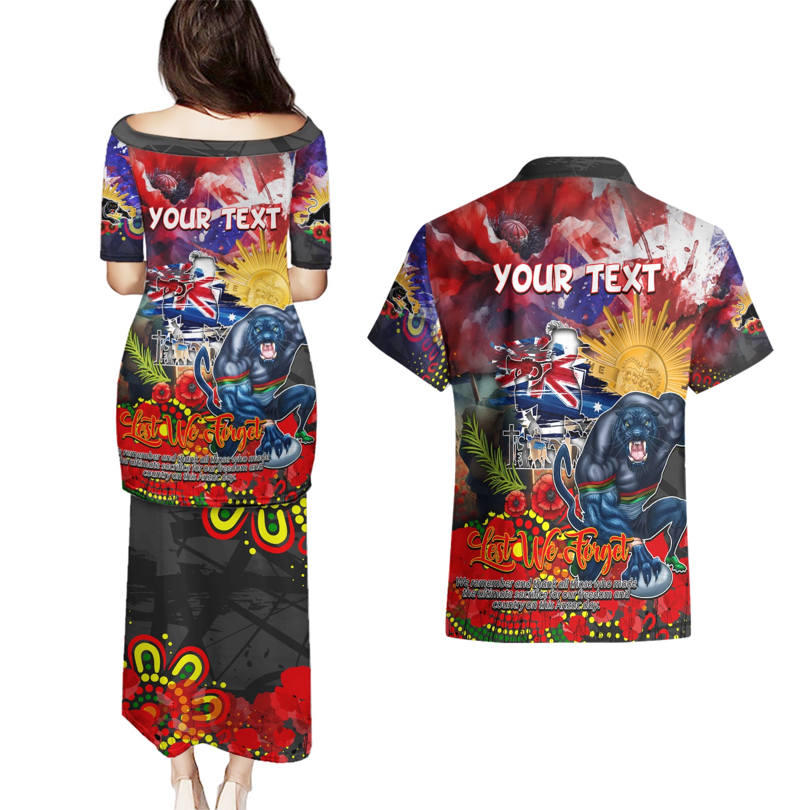 Personalised Australia Rugby Panthers ANZAC Couples Matching Puletasi and Hawaiian Shirt Penrith Scratch Style