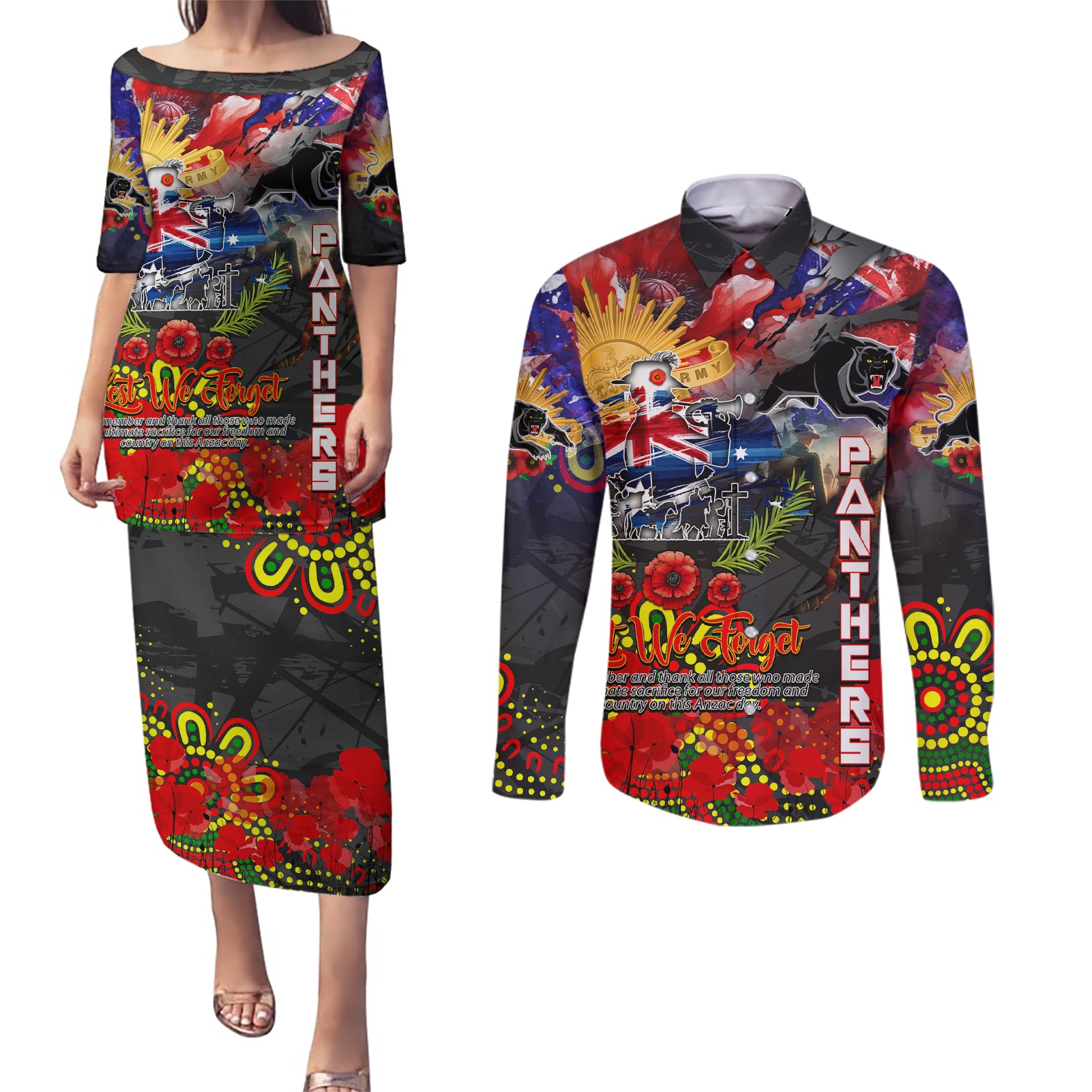 Personalised Australia Rugby Panthers ANZAC Couples Matching Puletasi and Long Sleeve Button Shirt Penrith Scratch Style