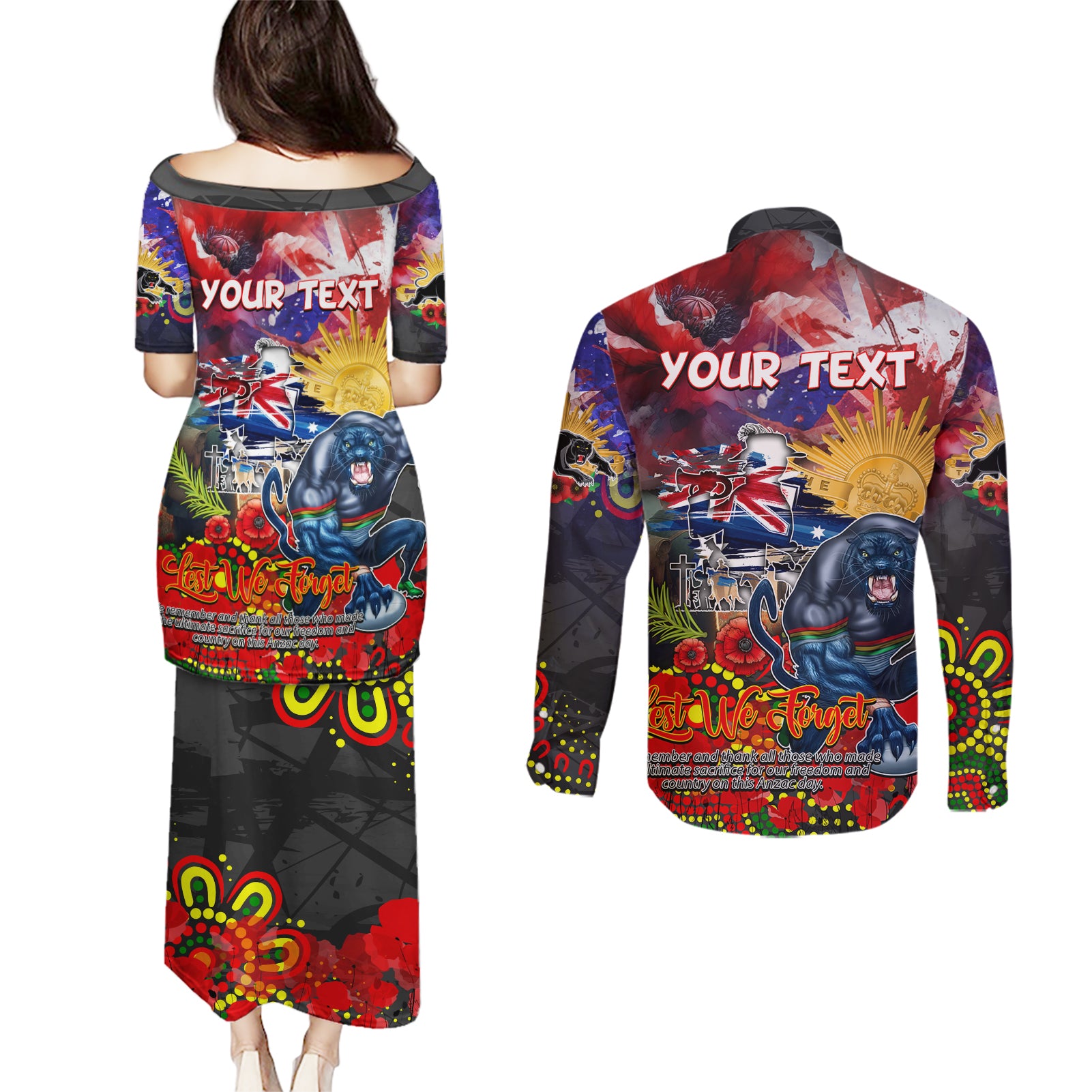 Personalised Australia Rugby Panthers ANZAC Couples Matching Puletasi and Long Sleeve Button Shirt Penrith Scratch Style