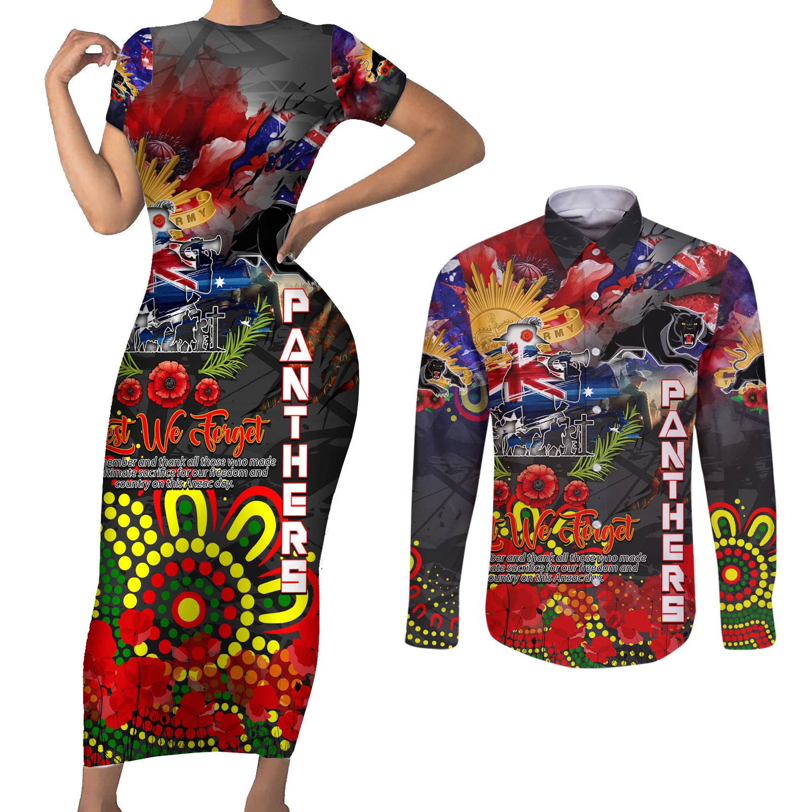Personalised Australia Rugby Panthers ANZAC Couples Matching Short Sleeve Bodycon Dress and Long Sleeve Button Shirt Penrith Scratch Style