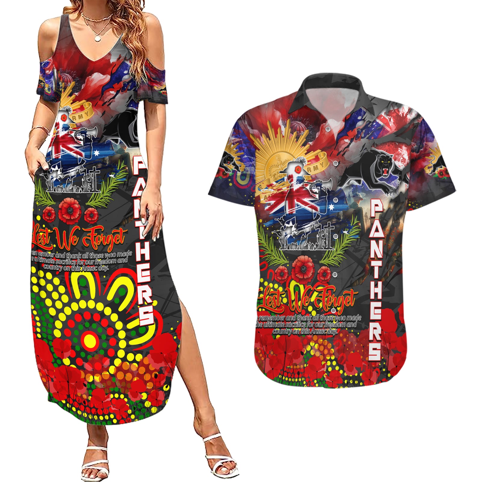Personalised Australia Rugby Panthers ANZAC Couples Matching Summer Maxi Dress and Hawaiian Shirt Penrith Scratch Style