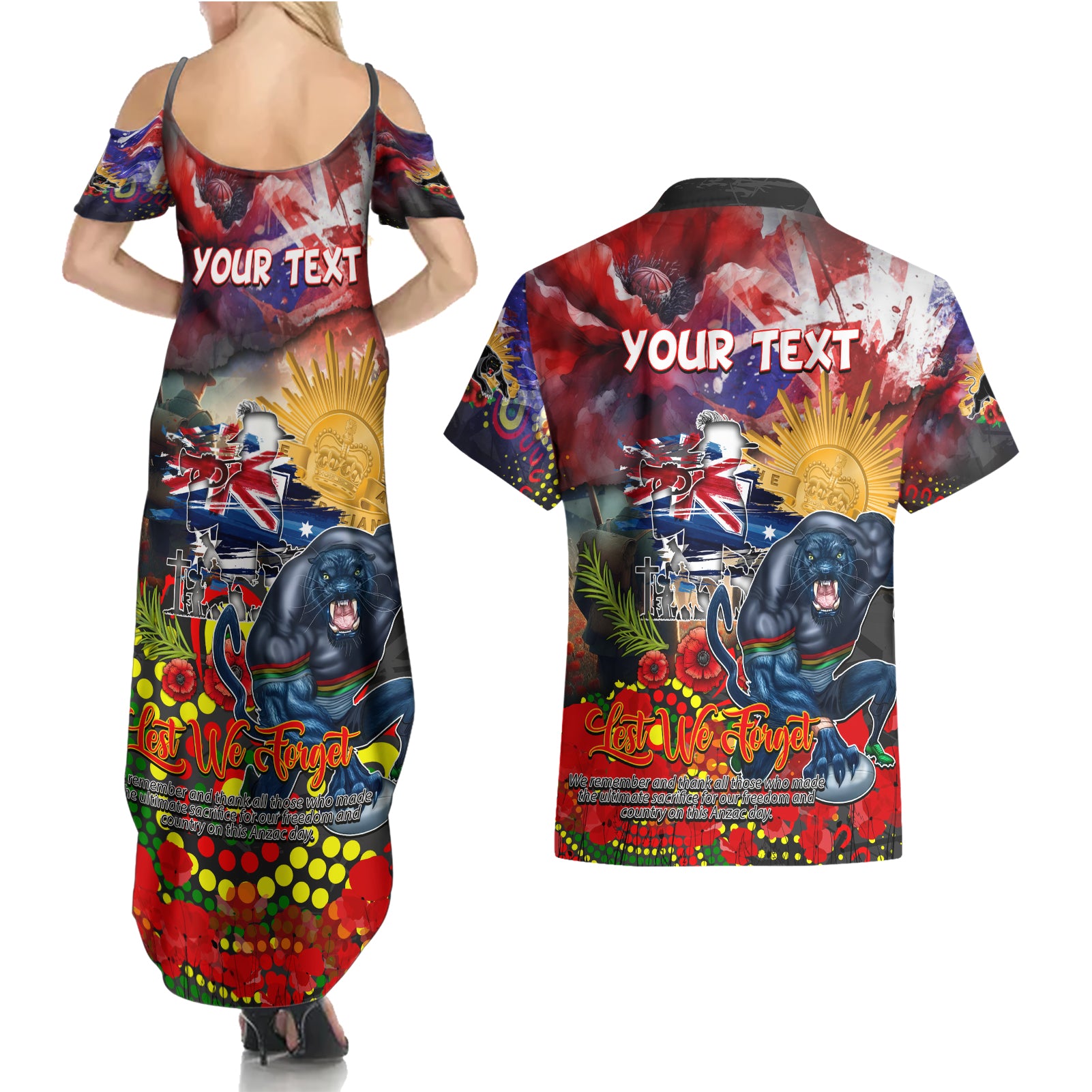 Personalised Australia Rugby Panthers ANZAC Couples Matching Summer Maxi Dress and Hawaiian Shirt Penrith Scratch Style