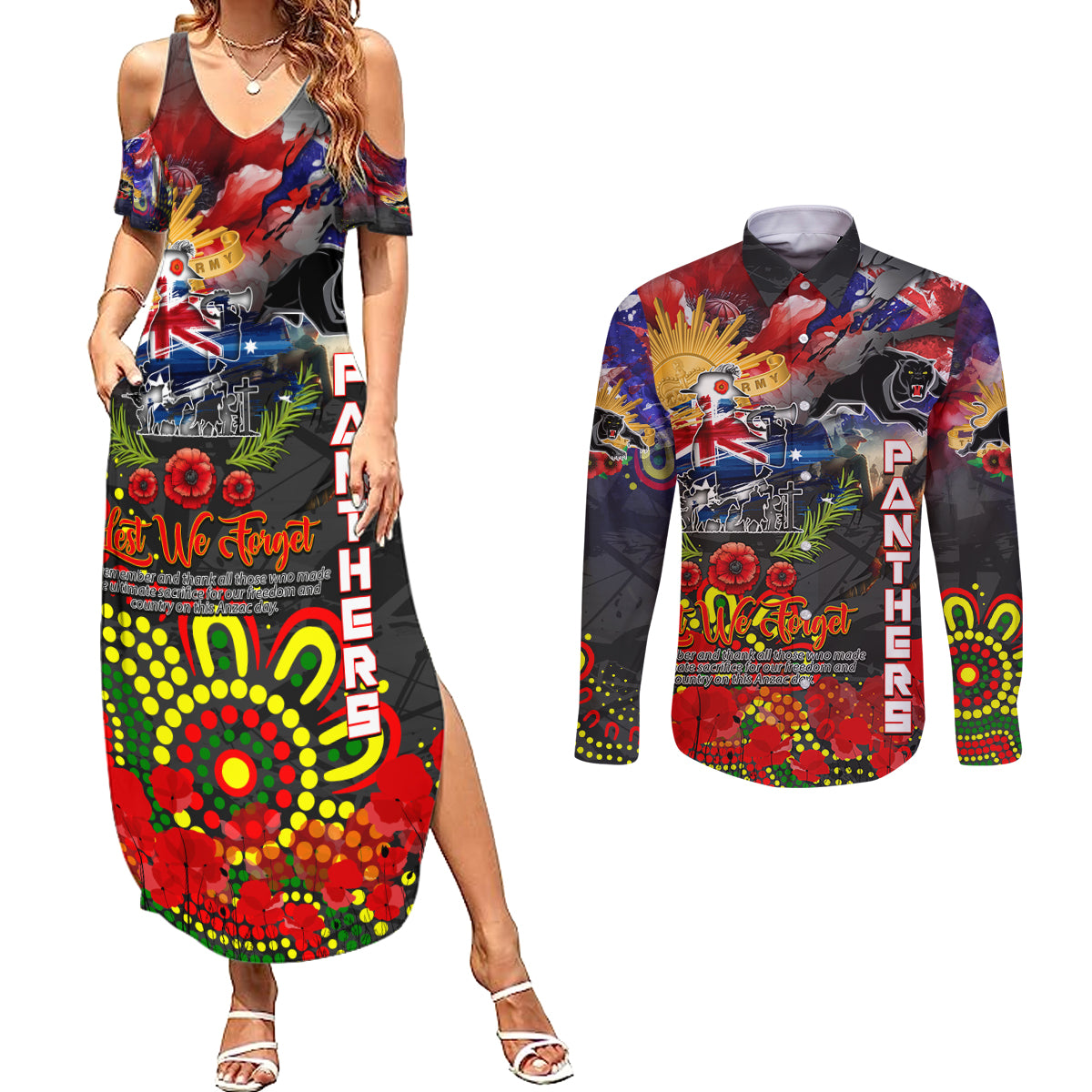 Personalised Australia Rugby Panthers ANZAC Couples Matching Summer Maxi Dress and Long Sleeve Button Shirt Penrith Scratch Style