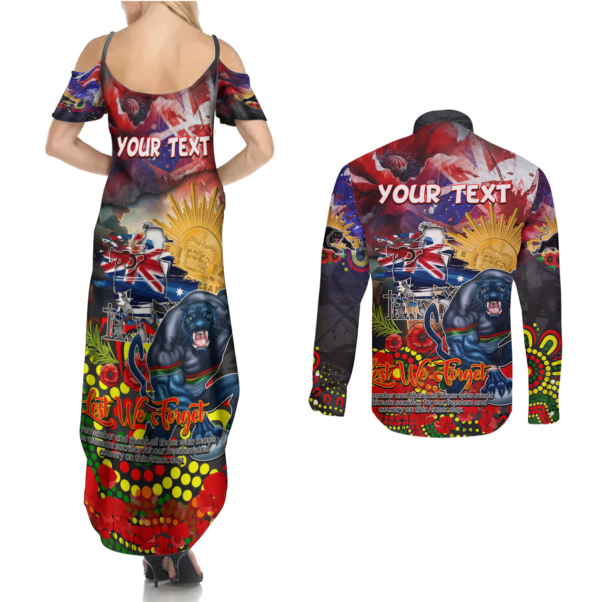 Personalised Australia Rugby Panthers ANZAC Couples Matching Summer Maxi Dress and Long Sleeve Button Shirt Penrith Scratch Style