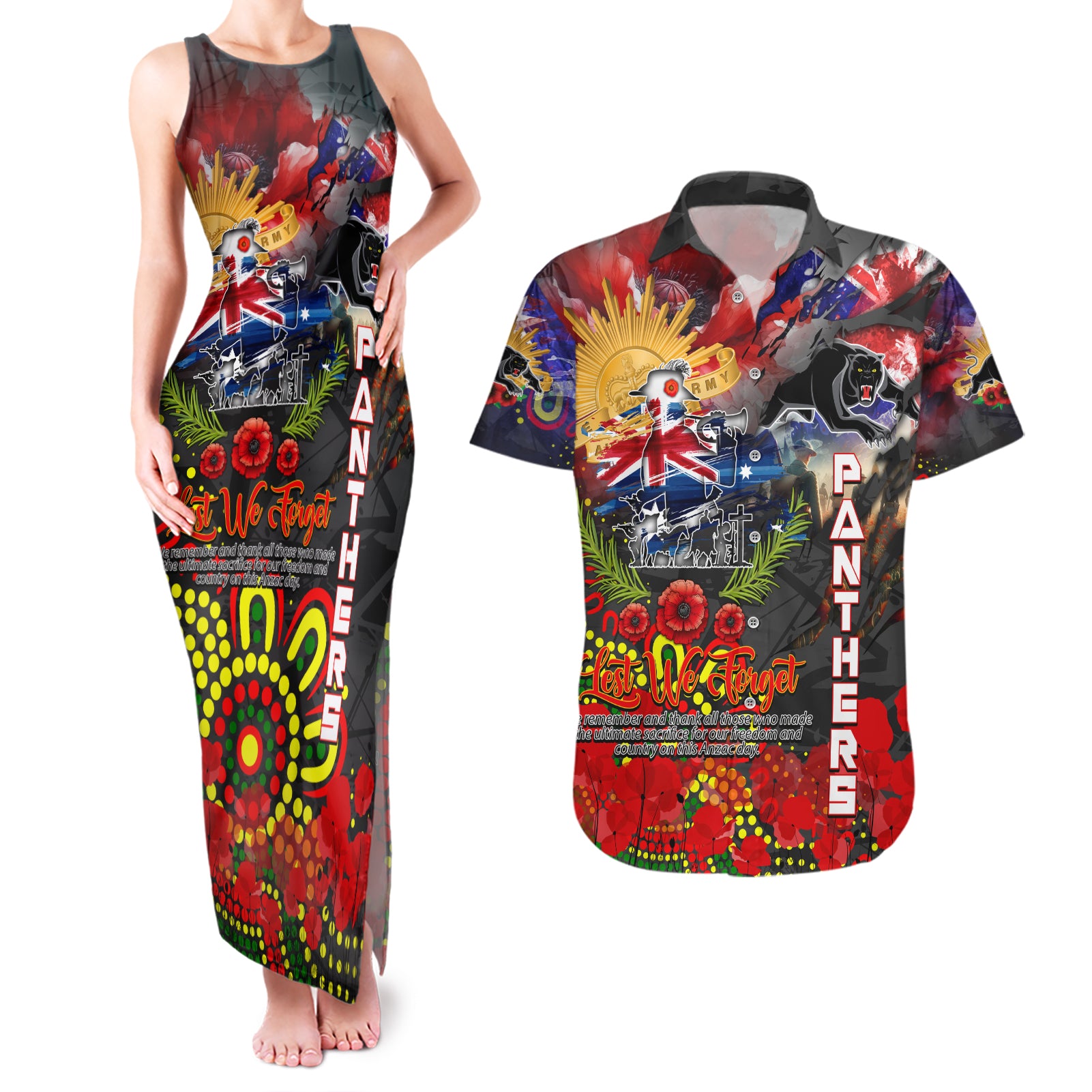 Personalised Australia Rugby Panthers ANZAC Couples Matching Tank Maxi Dress and Hawaiian Shirt Penrith Scratch Style
