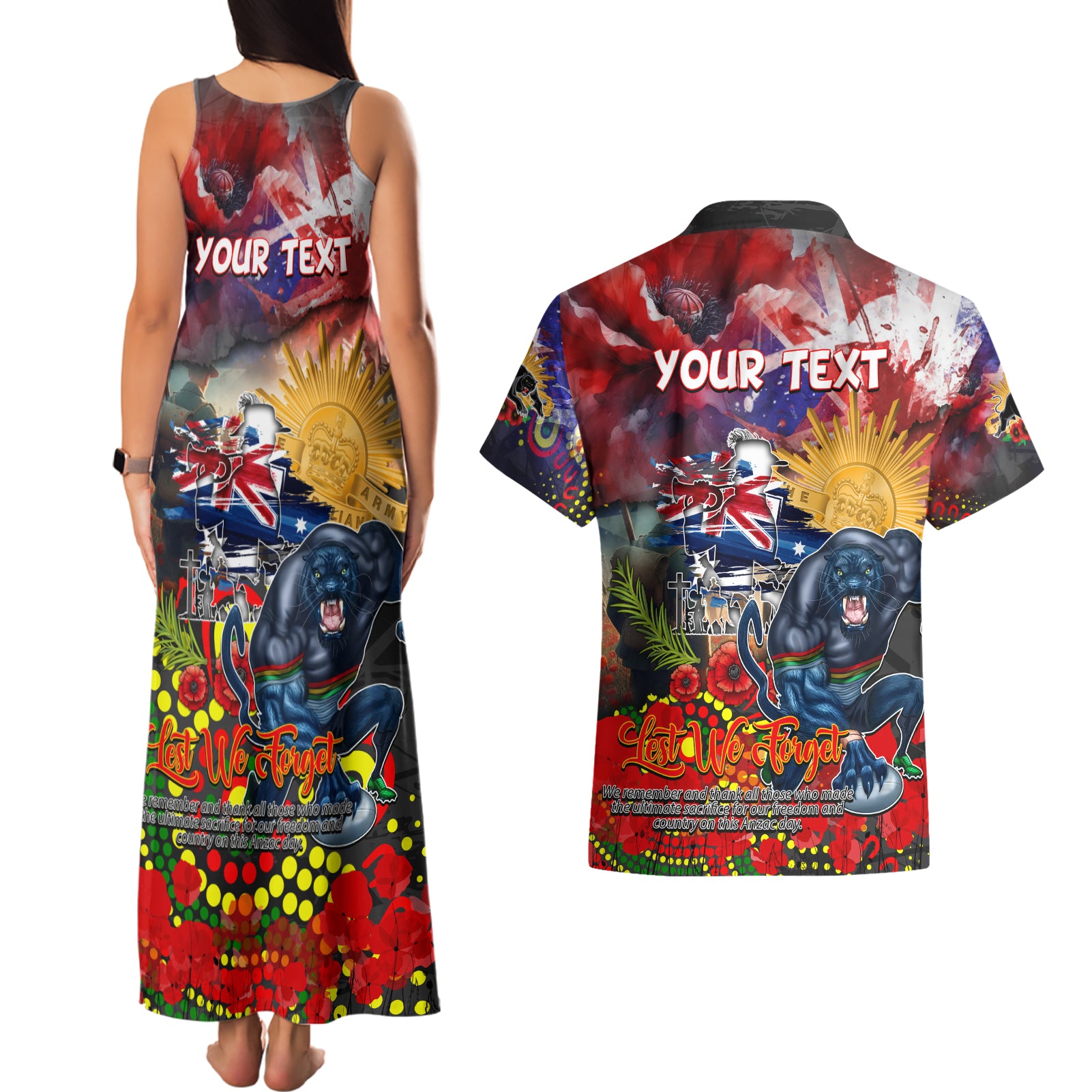 Personalised Australia Rugby Panthers ANZAC Couples Matching Tank Maxi Dress and Hawaiian Shirt Penrith Scratch Style