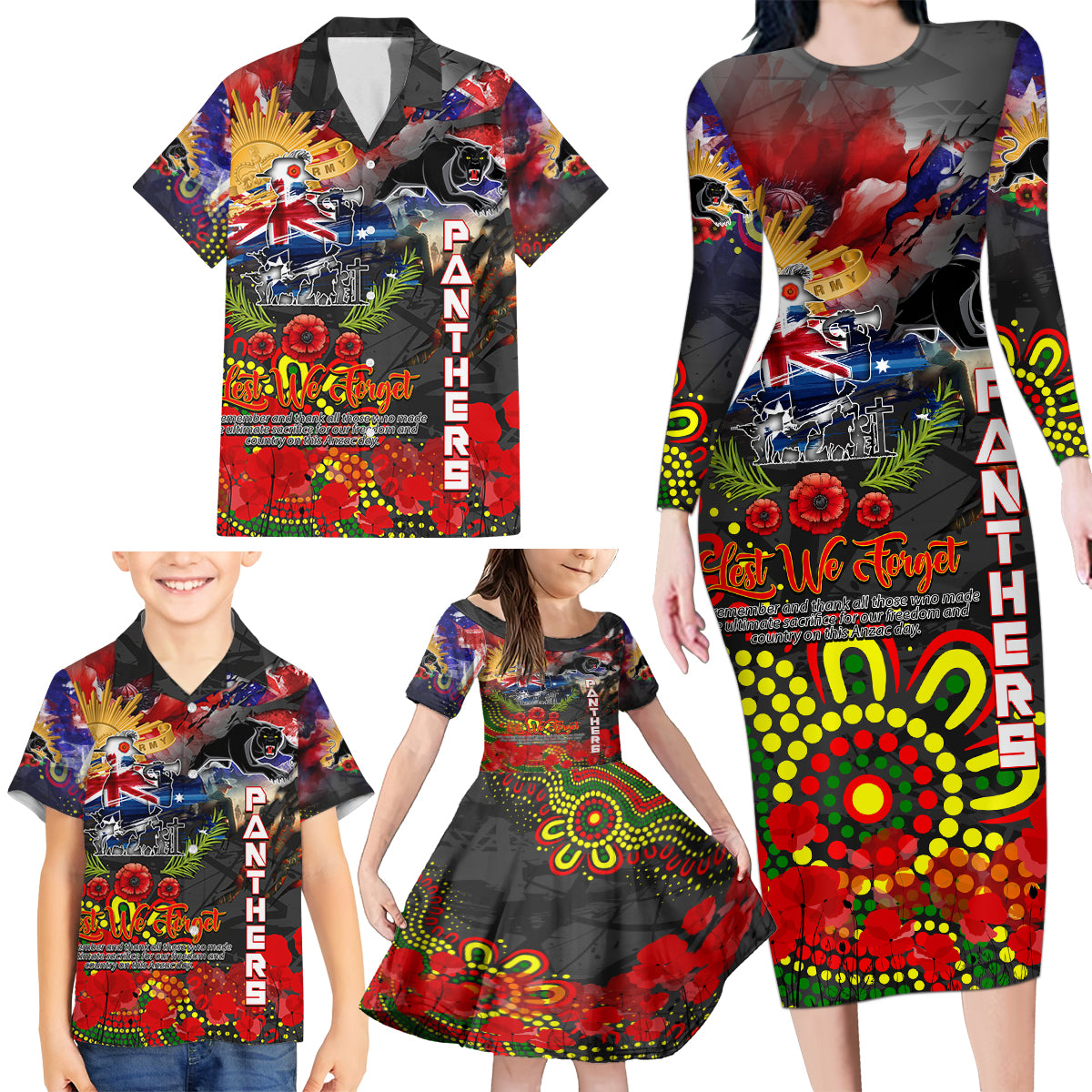 Personalised Australia Rugby Panthers ANZAC Family Matching Long Sleeve Bodycon Dress and Hawaiian Shirt Penrith Scratch Style