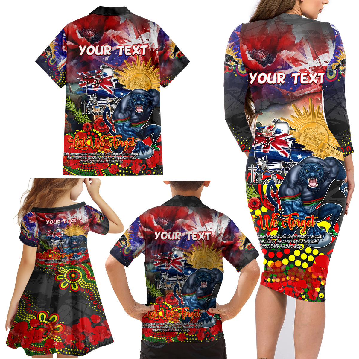 Personalised Australia Rugby Panthers ANZAC Family Matching Long Sleeve Bodycon Dress and Hawaiian Shirt Penrith Scratch Style