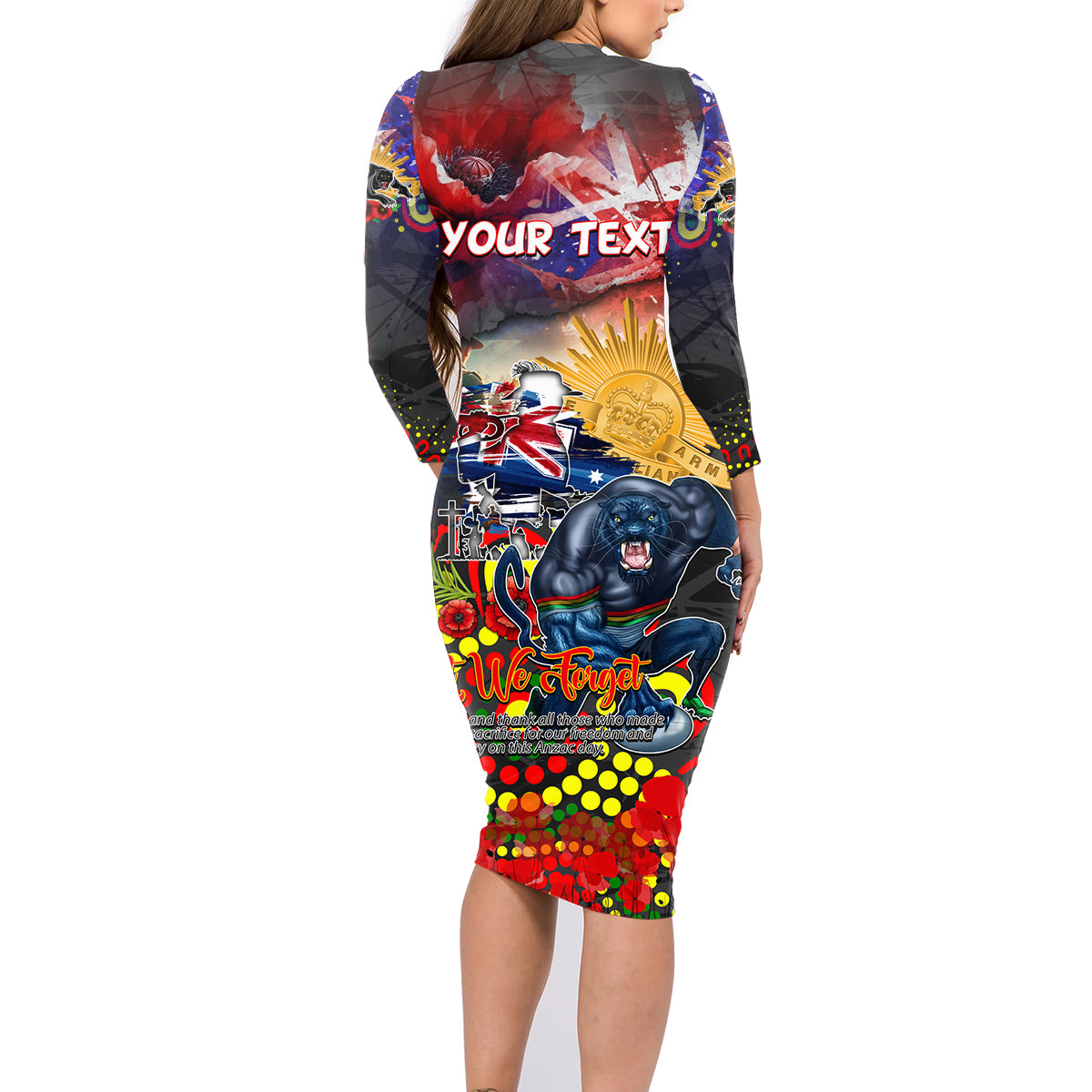 Personalised Australia Rugby Panthers ANZAC Family Matching Long Sleeve Bodycon Dress and Hawaiian Shirt Penrith Scratch Style
