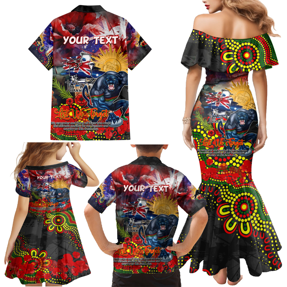 Personalised Australia Rugby Panthers ANZAC Family Matching Mermaid Dress and Hawaiian Shirt Penrith Scratch Style