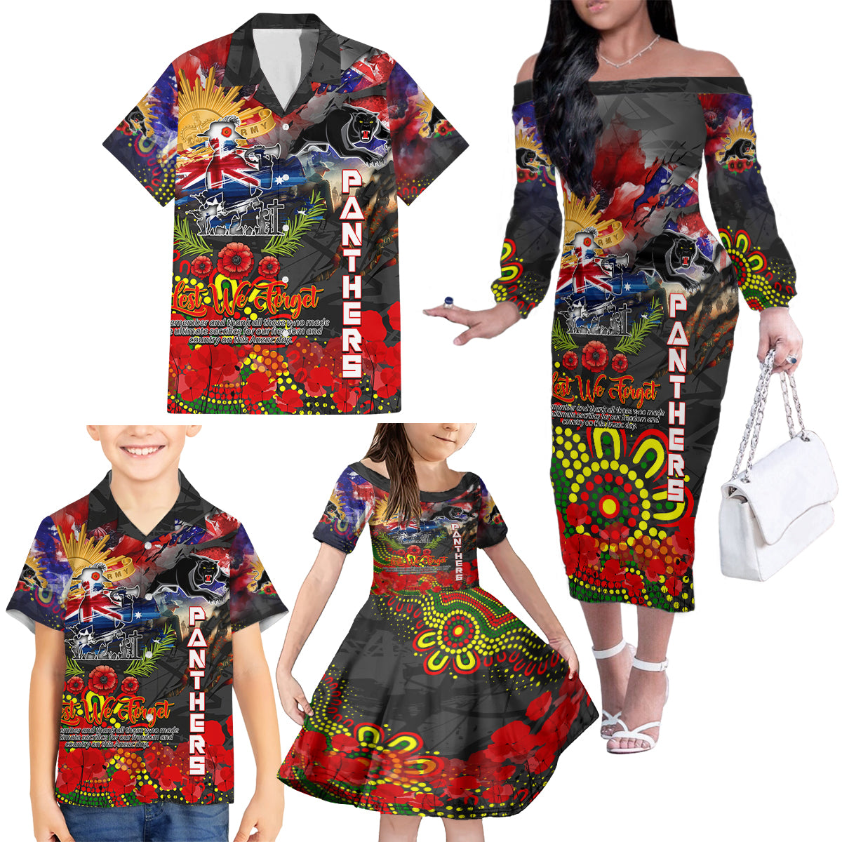 Personalised Australia Rugby Panthers ANZAC Family Matching Off The Shoulder Long Sleeve Dress and Hawaiian Shirt Penrith Scratch Style