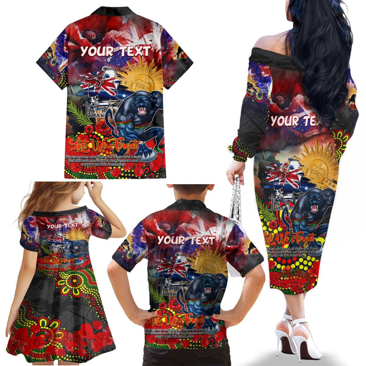 Personalised Australia Rugby Panthers ANZAC Family Matching Off The Shoulder Long Sleeve Dress and Hawaiian Shirt Penrith Scratch Style