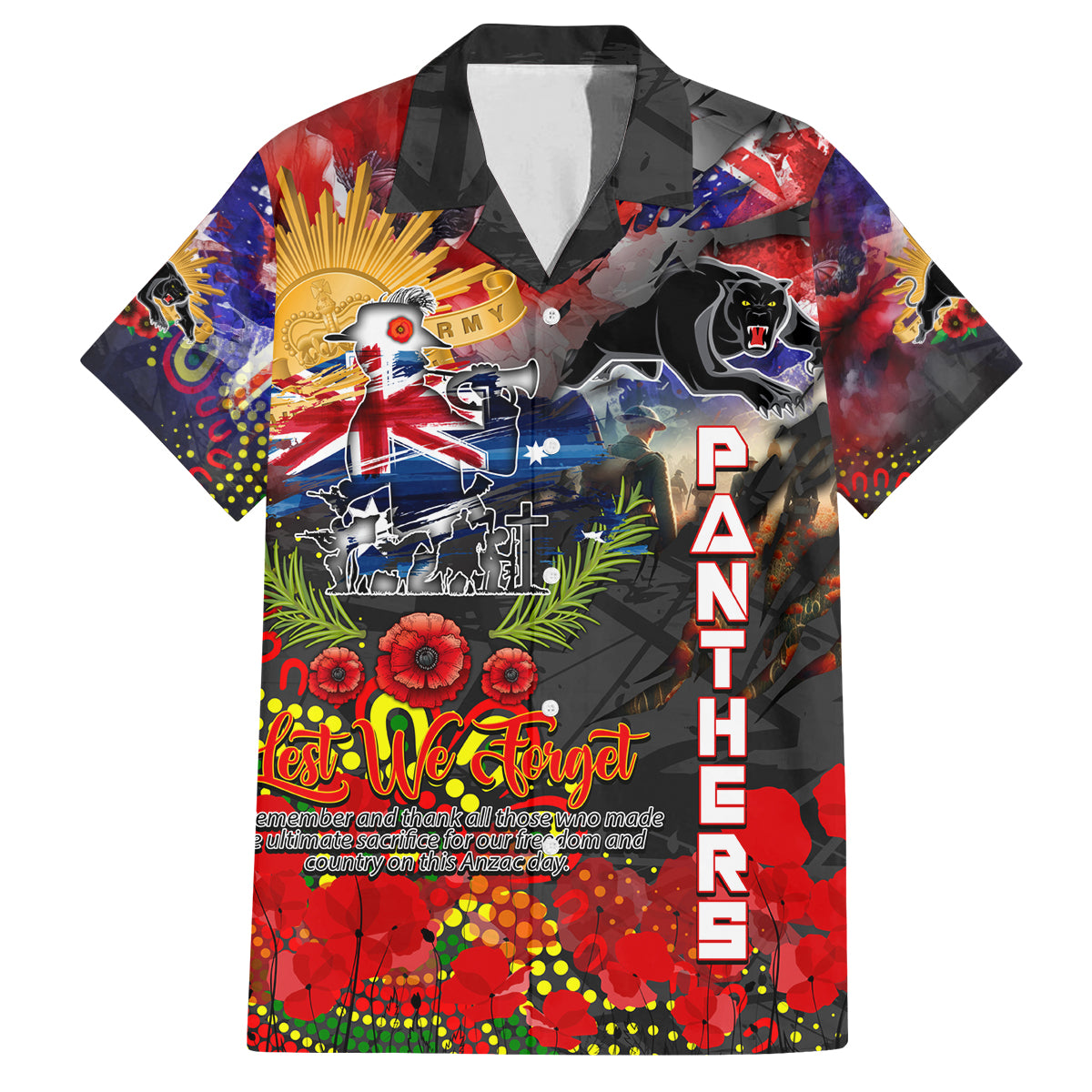 Personalised Australia Rugby Panthers ANZAC Family Matching Off The Shoulder Long Sleeve Dress and Hawaiian Shirt Penrith Scratch Style
