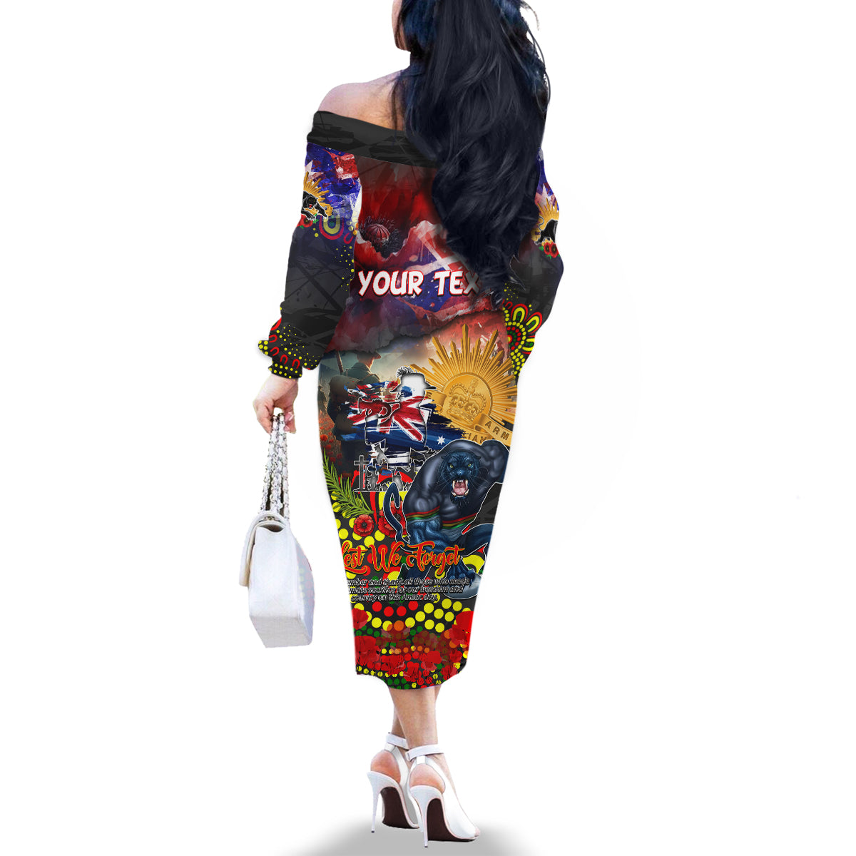 Personalised Australia Rugby Panthers ANZAC Family Matching Off The Shoulder Long Sleeve Dress and Hawaiian Shirt Penrith Scratch Style
