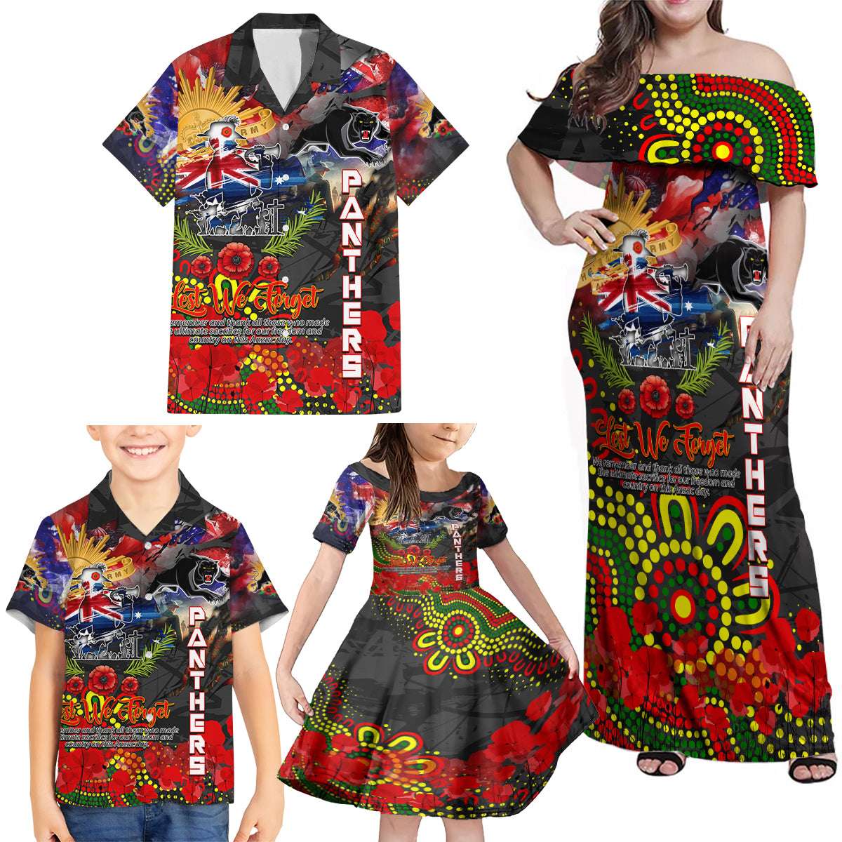 Personalised Australia Rugby Panthers ANZAC Family Matching Off Shoulder Maxi Dress and Hawaiian Shirt Penrith Scratch Style