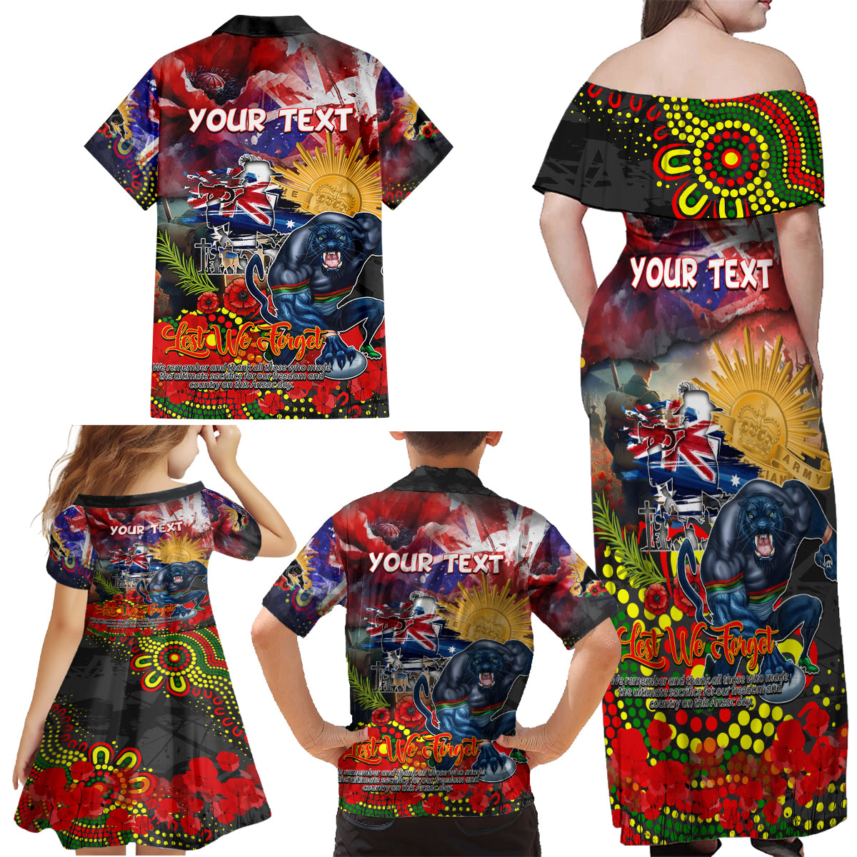 Personalised Australia Rugby Panthers ANZAC Family Matching Off Shoulder Maxi Dress and Hawaiian Shirt Penrith Scratch Style