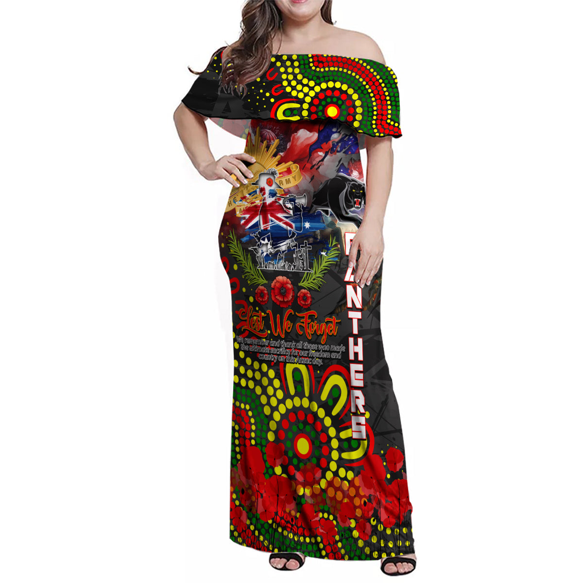 Personalised Australia Rugby Panthers ANZAC Family Matching Off Shoulder Maxi Dress and Hawaiian Shirt Penrith Scratch Style