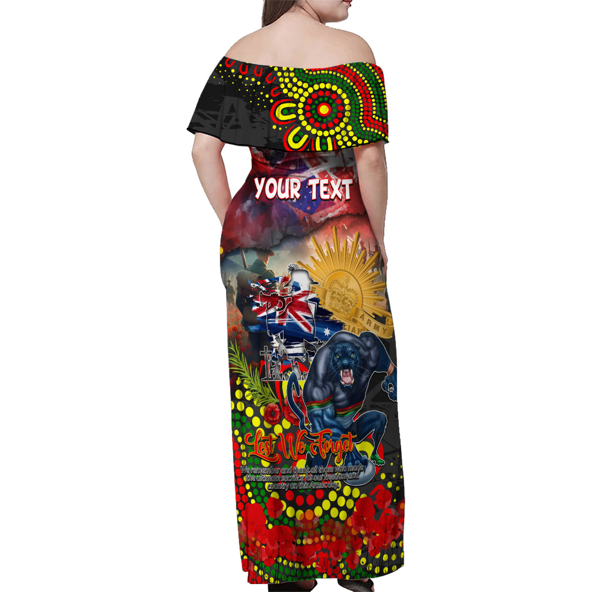 Personalised Australia Rugby Panthers ANZAC Family Matching Off Shoulder Maxi Dress and Hawaiian Shirt Penrith Scratch Style