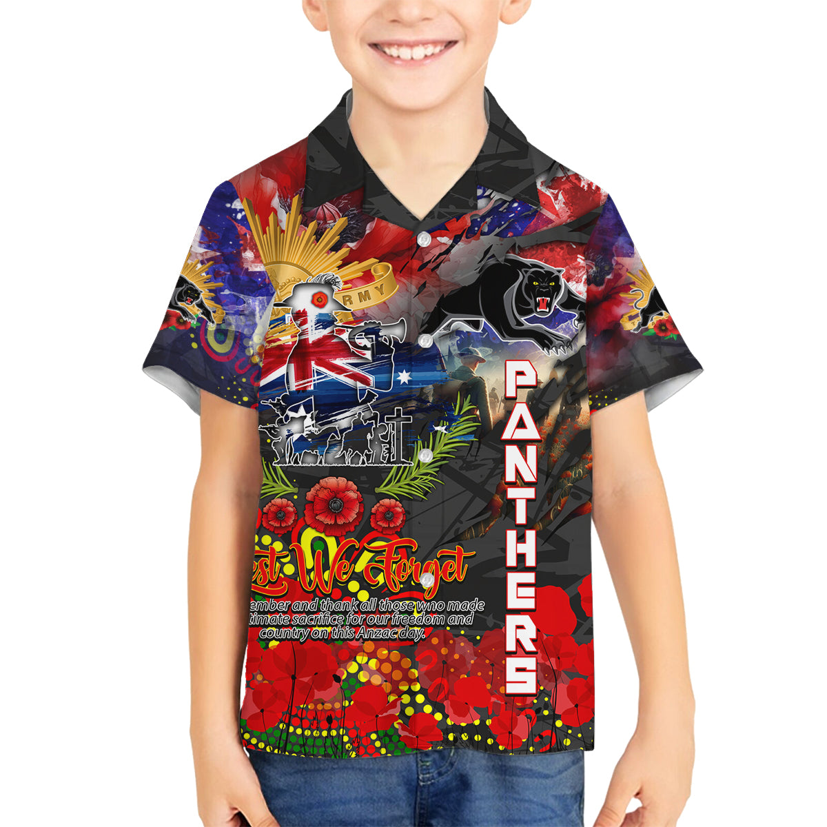 Personalised Australia Rugby Panthers ANZAC Family Matching Off Shoulder Maxi Dress and Hawaiian Shirt Penrith Scratch Style