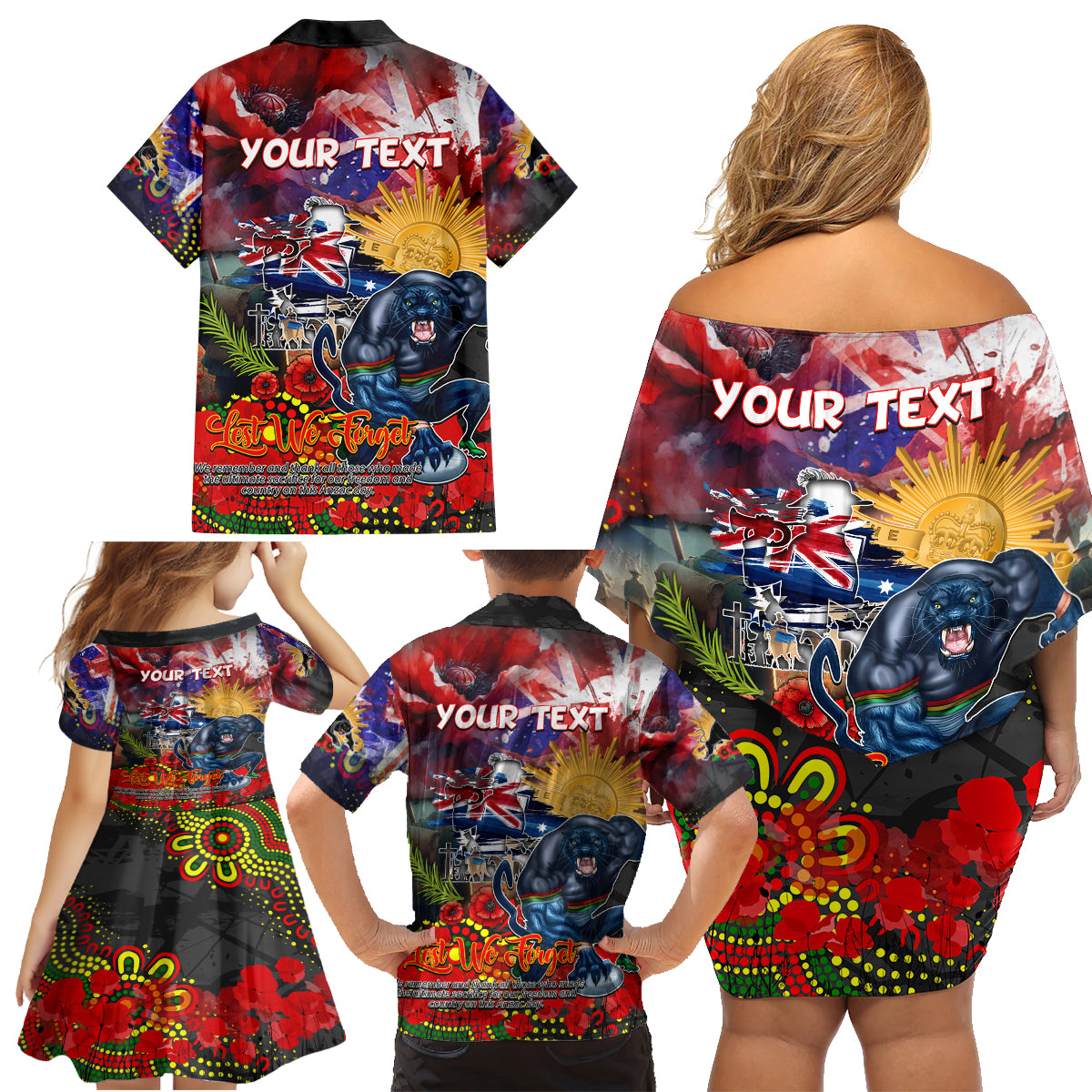 Personalised Australia Rugby Panthers ANZAC Family Matching Off Shoulder Short Dress and Hawaiian Shirt Penrith Scratch Style