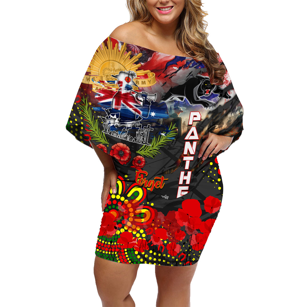 Personalised Australia Rugby Panthers ANZAC Family Matching Off Shoulder Short Dress and Hawaiian Shirt Penrith Scratch Style