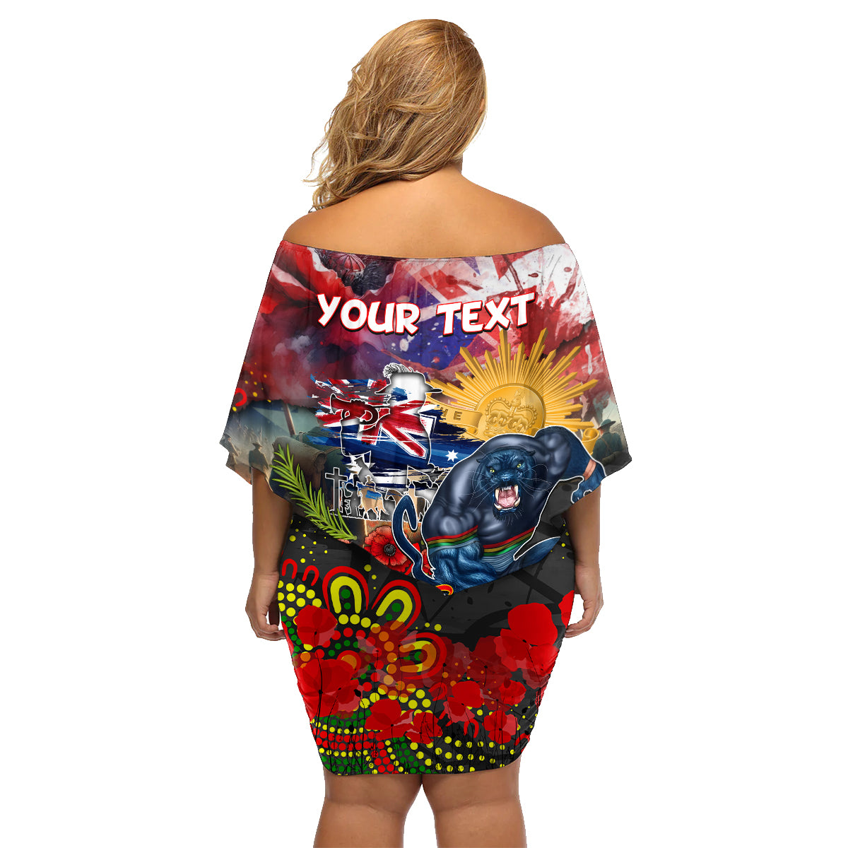 Personalised Australia Rugby Panthers ANZAC Family Matching Off Shoulder Short Dress and Hawaiian Shirt Penrith Scratch Style