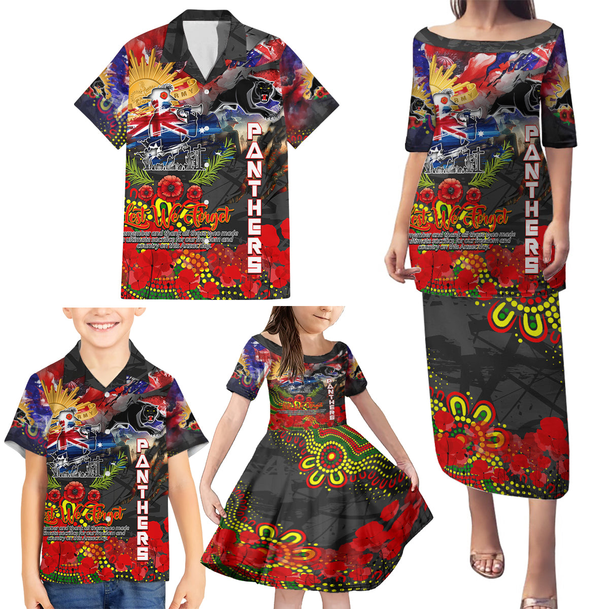 Personalised Australia Rugby Panthers ANZAC Family Matching Puletasi and Hawaiian Shirt Penrith Scratch Style