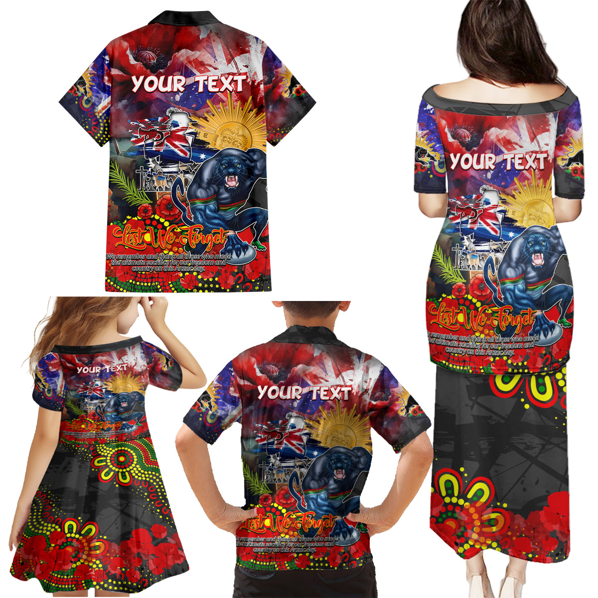Personalised Australia Rugby Panthers ANZAC Family Matching Puletasi and Hawaiian Shirt Penrith Scratch Style