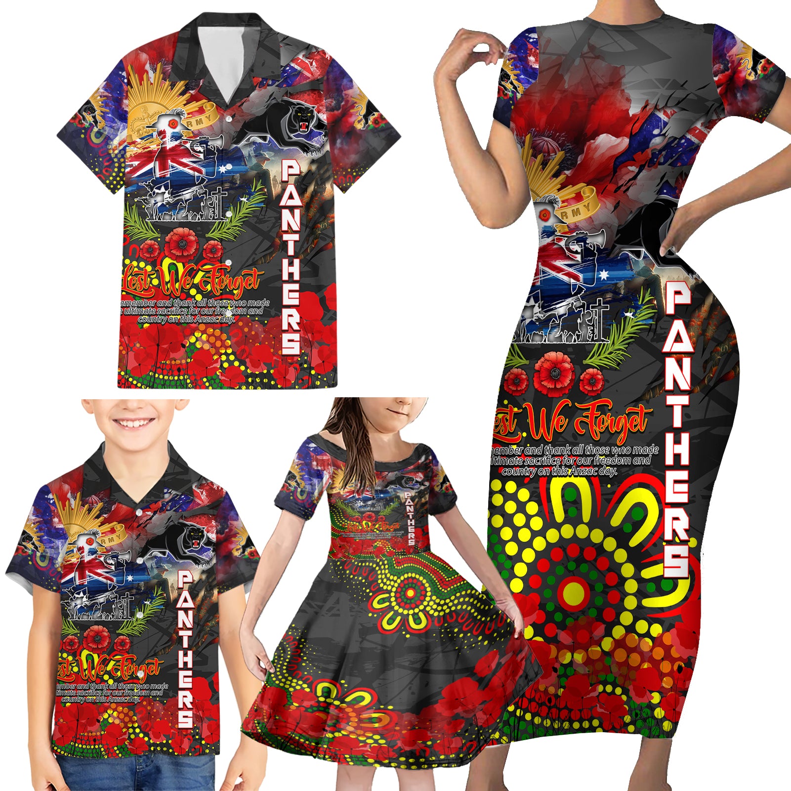 Personalised Australia Rugby Panthers ANZAC Family Matching Short Sleeve Bodycon Dress and Hawaiian Shirt Penrith Scratch Style