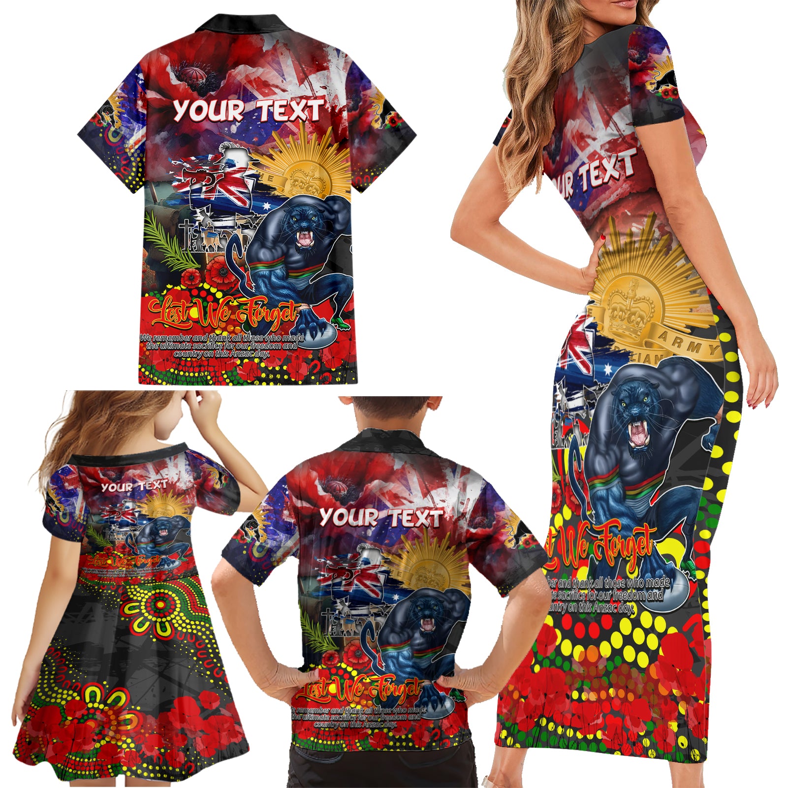 Personalised Australia Rugby Panthers ANZAC Family Matching Short Sleeve Bodycon Dress and Hawaiian Shirt Penrith Scratch Style