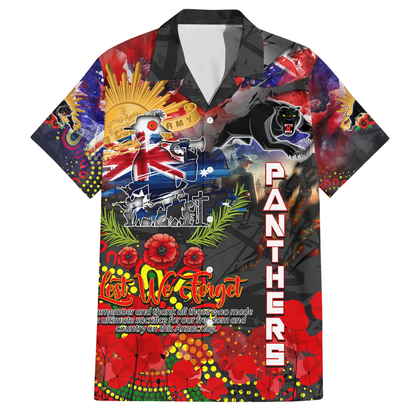 Personalised Australia Rugby Panthers ANZAC Family Matching Short Sleeve Bodycon Dress and Hawaiian Shirt Penrith Scratch Style
