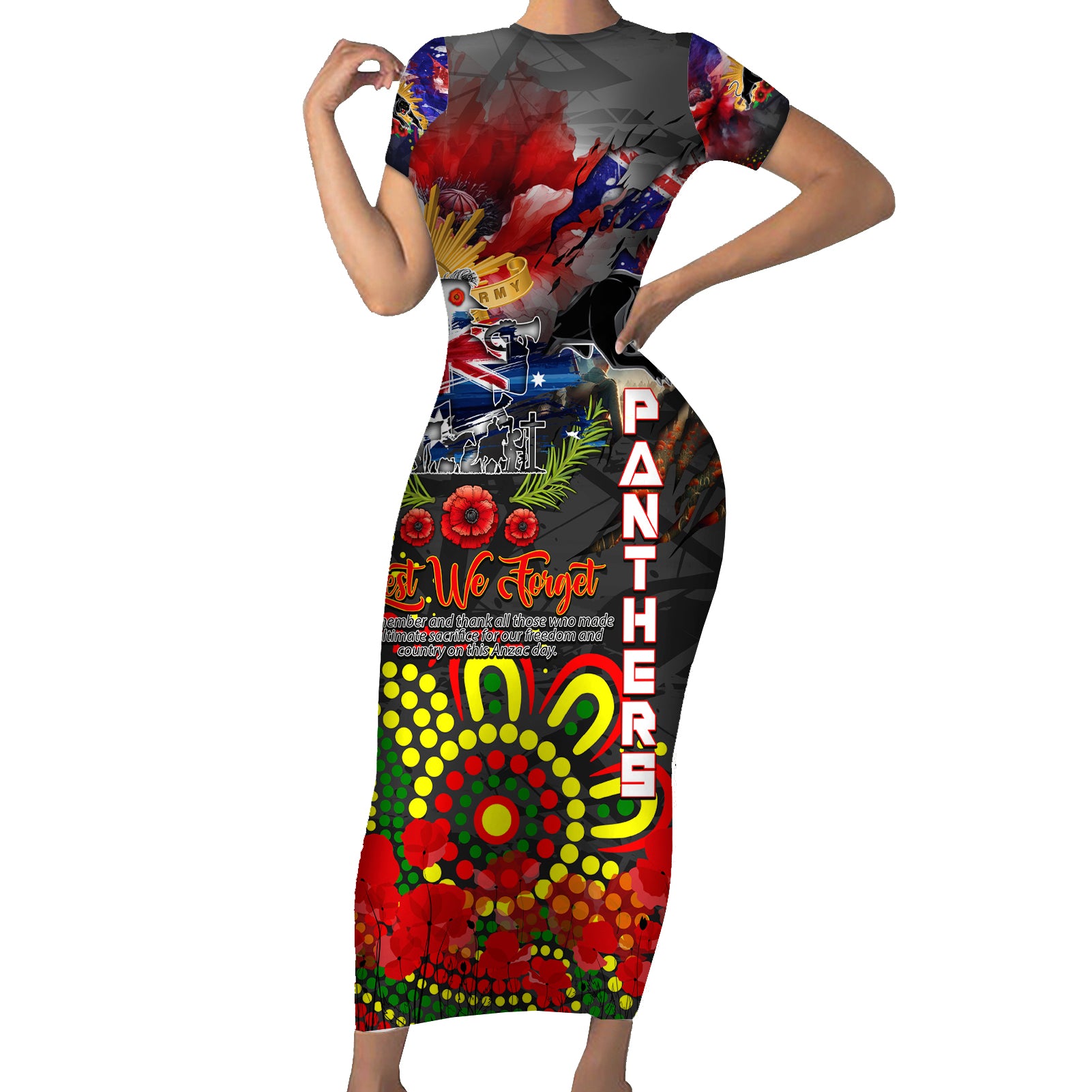 Personalised Australia Rugby Panthers ANZAC Family Matching Short Sleeve Bodycon Dress and Hawaiian Shirt Penrith Scratch Style